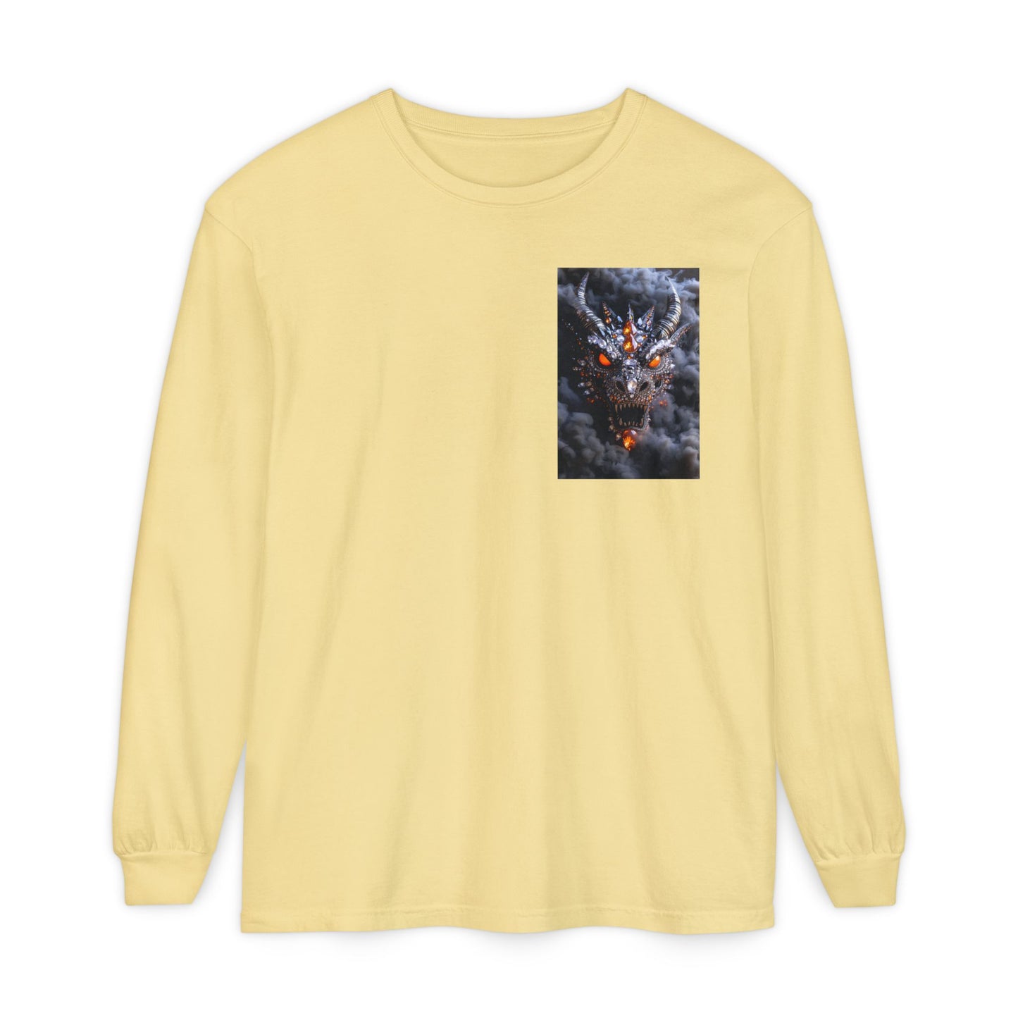 Long Sleeve T‑Shirt — Smoky Dragon Chest Print, Spooky Autumn Graphic