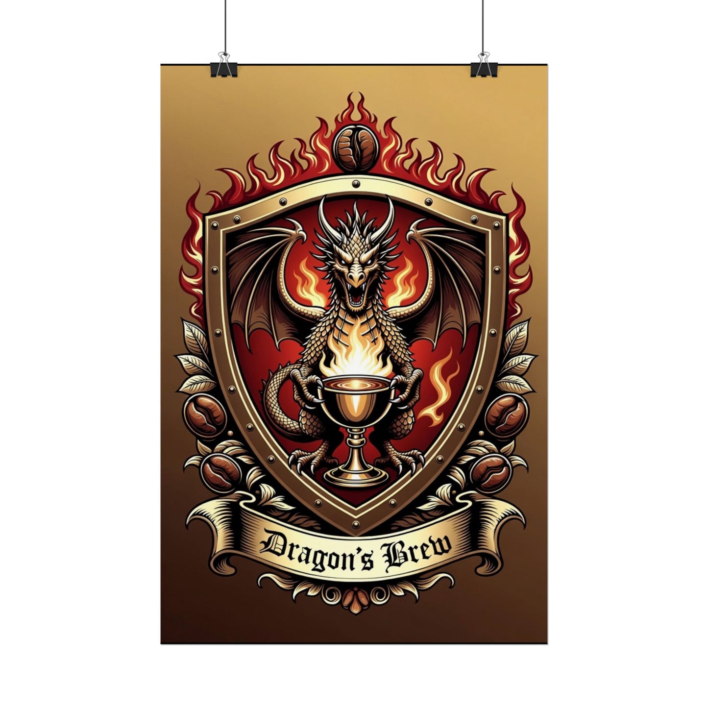 Dragon's Brew Poster — Fantasy Dragon Shield Artwork Rolled Poster
