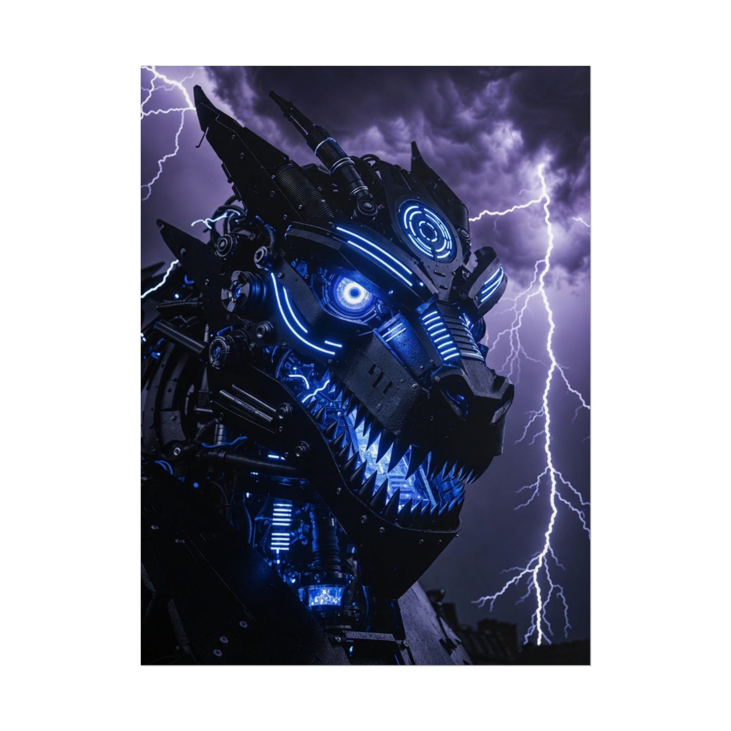 CyberDragon Storm Poster — Futuristic Mech Wolf Art Print (Rolled Poster)