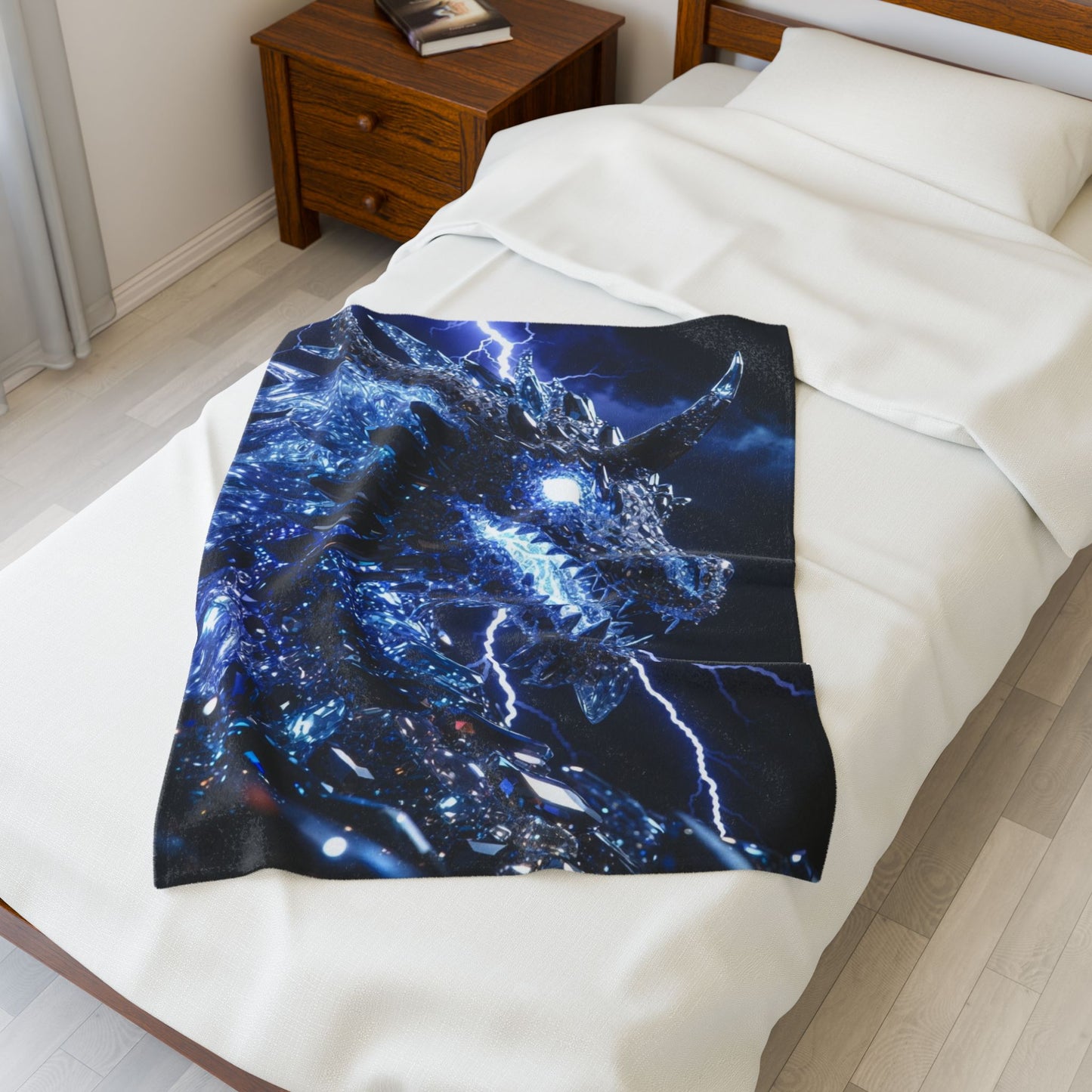 Dragon Lightning Velveteen Plush Blanket — Blue Crystal Dragon Throw for Fantasy Fans
