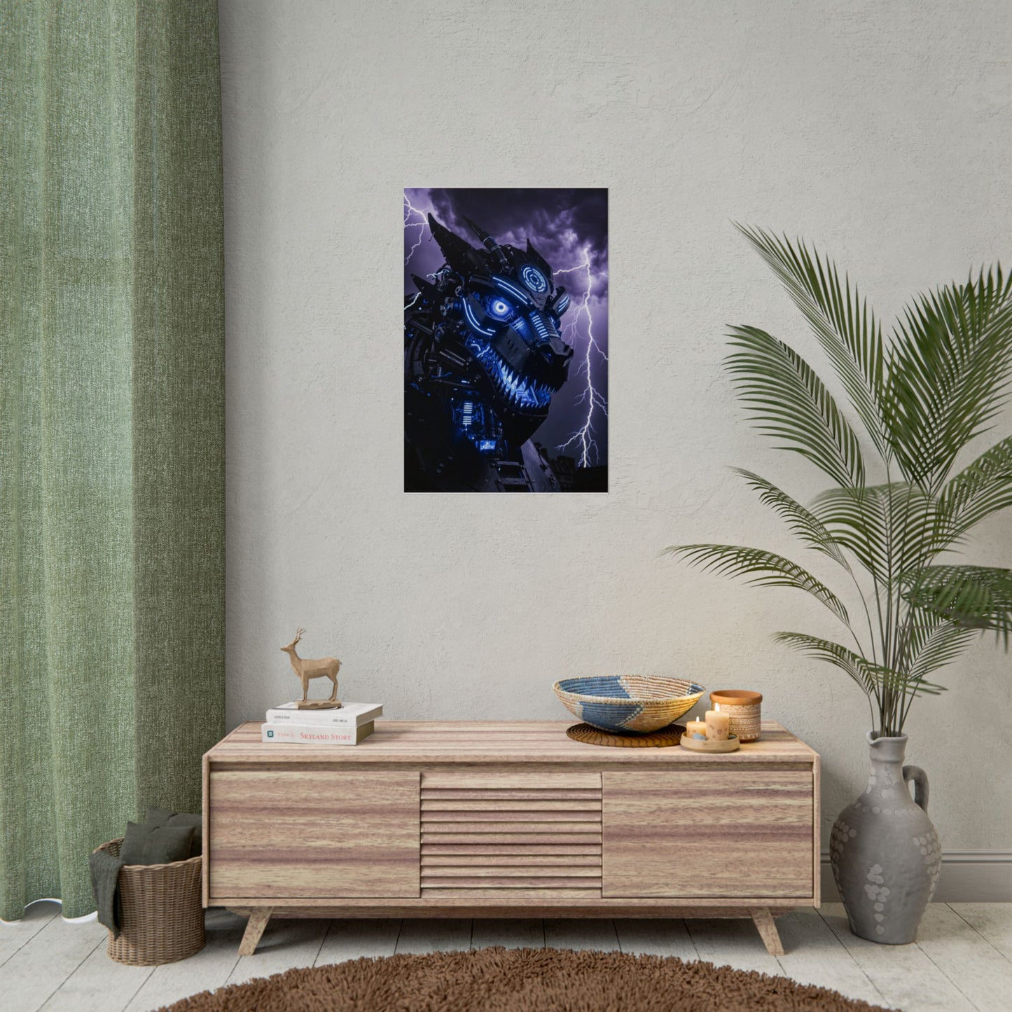 CyberDragon Storm Poster — Futuristic Mech Wolf Art Print (Rolled Poster)