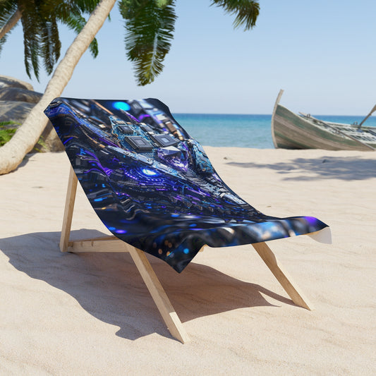 Cybernetic Dragon Beach Towel — Futuristic Blue Tech Shark Design