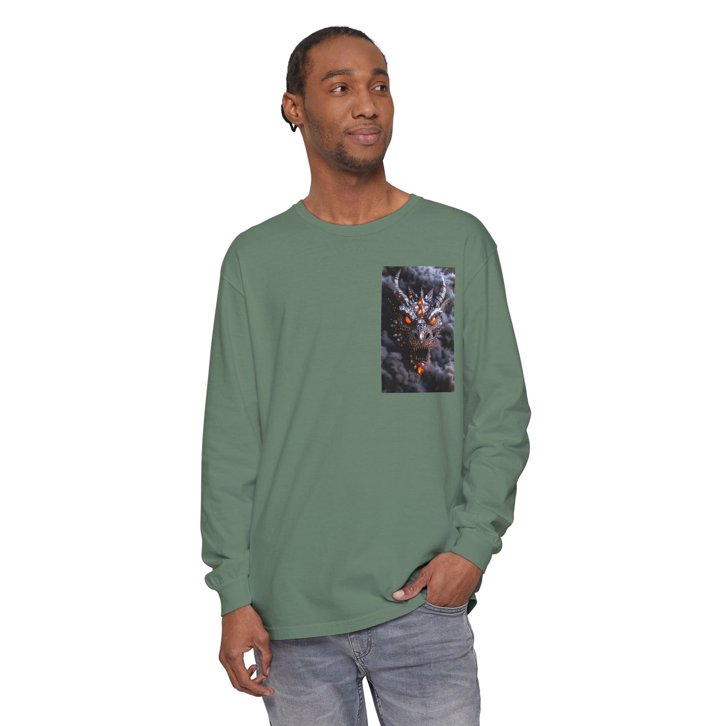 Long Sleeve T‑Shirt — Smoky Dragon Chest Print, Spooky Autumn Graphic
