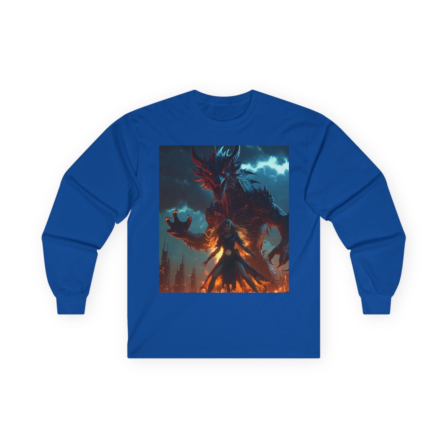 Dragon of Flame Long Sleeve Tee — Dark Fantasy Fire Demon Artwork