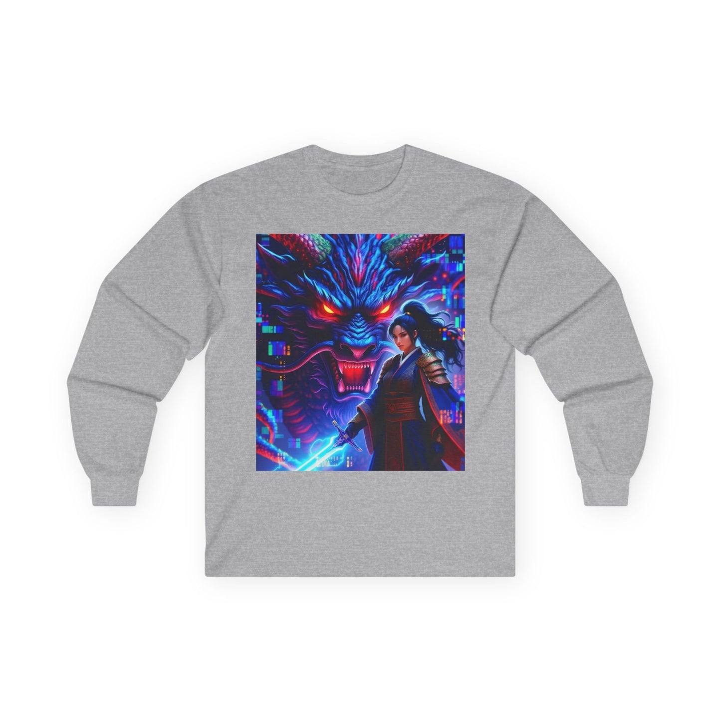 Long Sleeve Tee — Neon Samurai Wolf Art Graphic Shirt