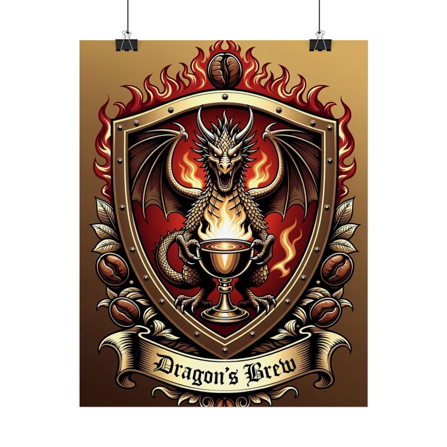 Dragon's Brew Poster — Fantasy Dragon Shield Artwork Rolled Poster