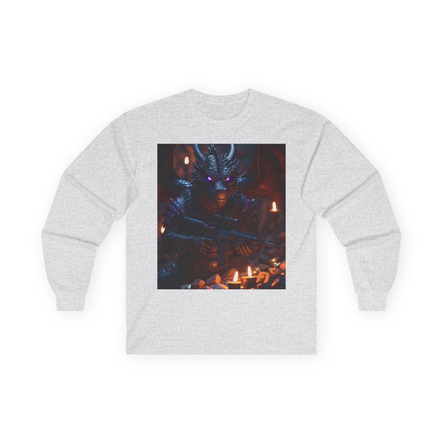 Dragon Knight Art Long Sleeve Tee — Dark Fantasy Candlelight Design