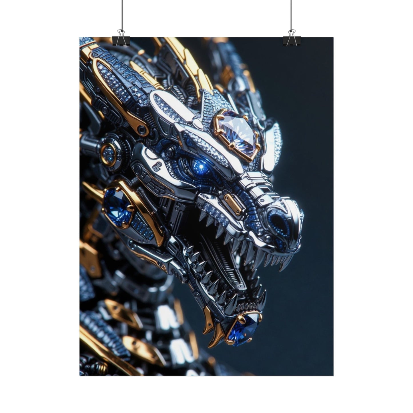 Mechanical Dragon Poster — Futuristic Gold & Blue Sci‑Fi Wall Art