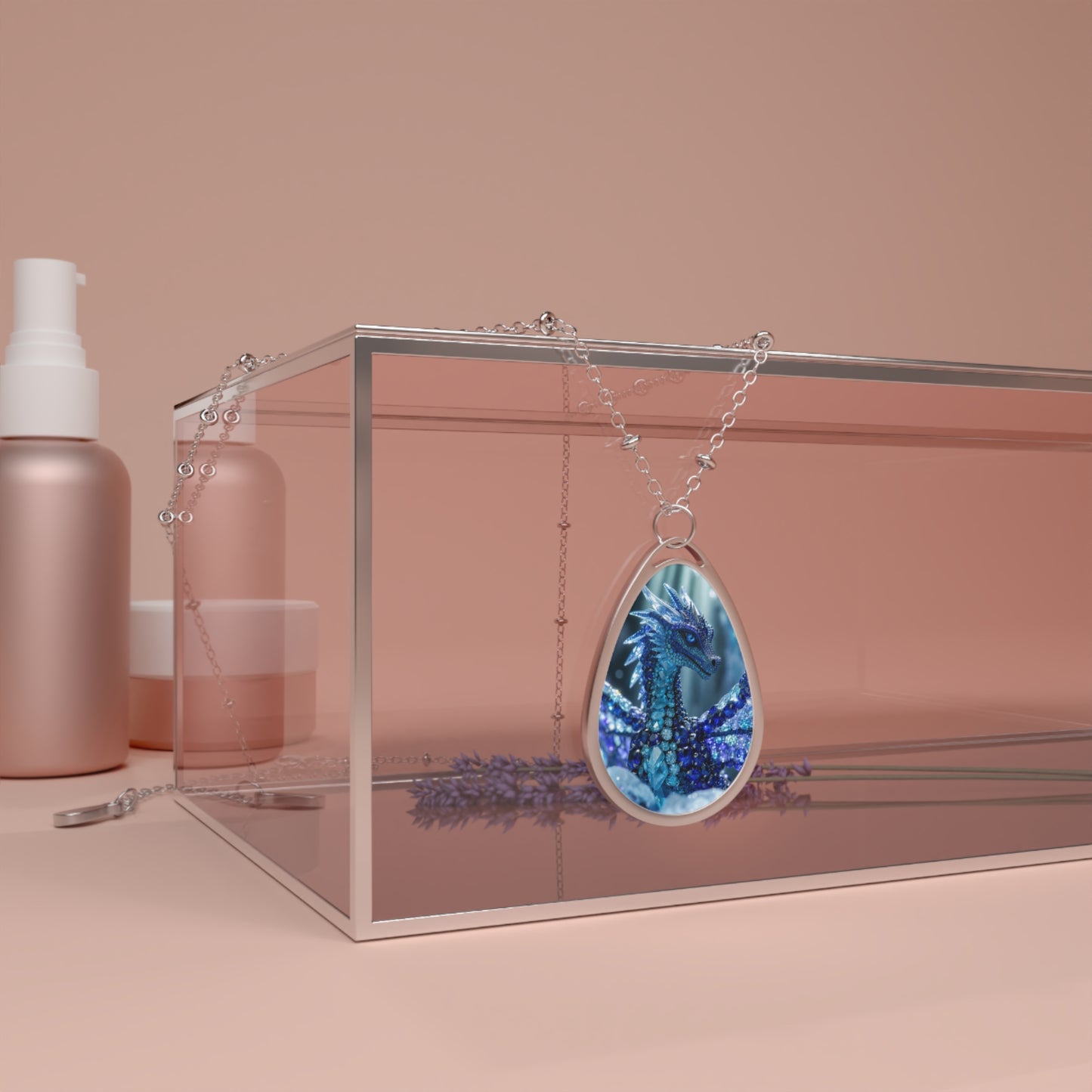 Blue Dragon Teardrop Oval Necklace — Fantasy Pendant Jewelry
