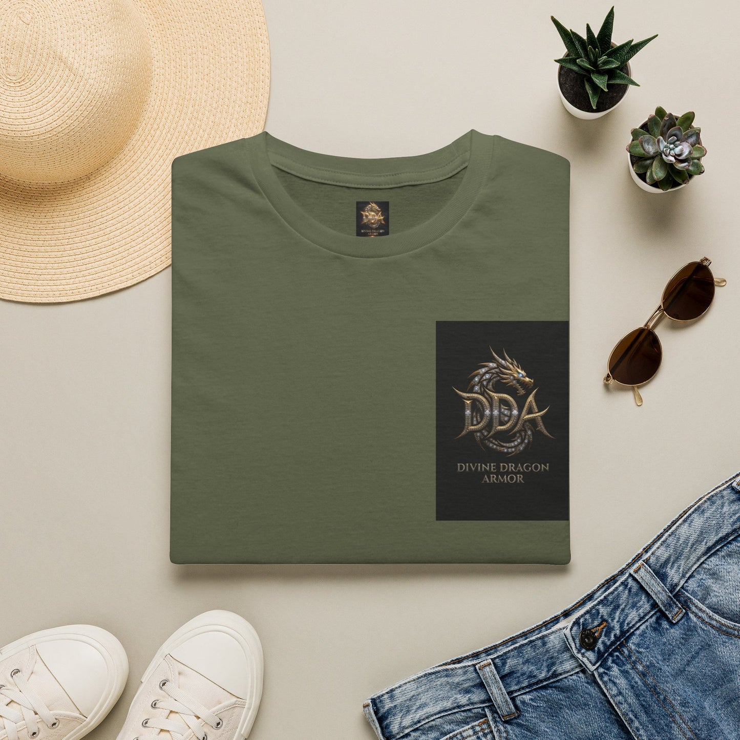 #1 Selling Dragon Logo Pocket T-Shirt — "DDA Divine Dragon Armor" Chest Patch