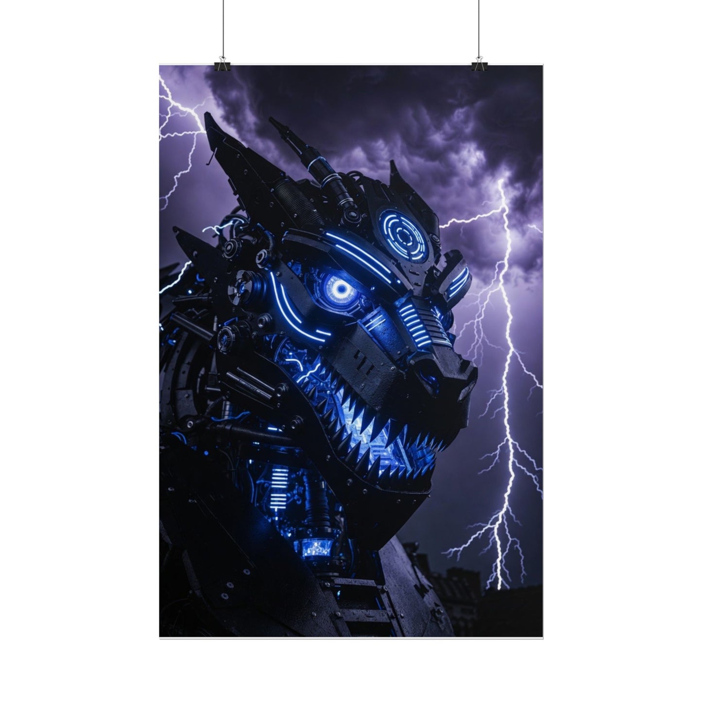 CyberDragon Storm Poster — Futuristic Mech Wolf Art Print (Rolled Poster)