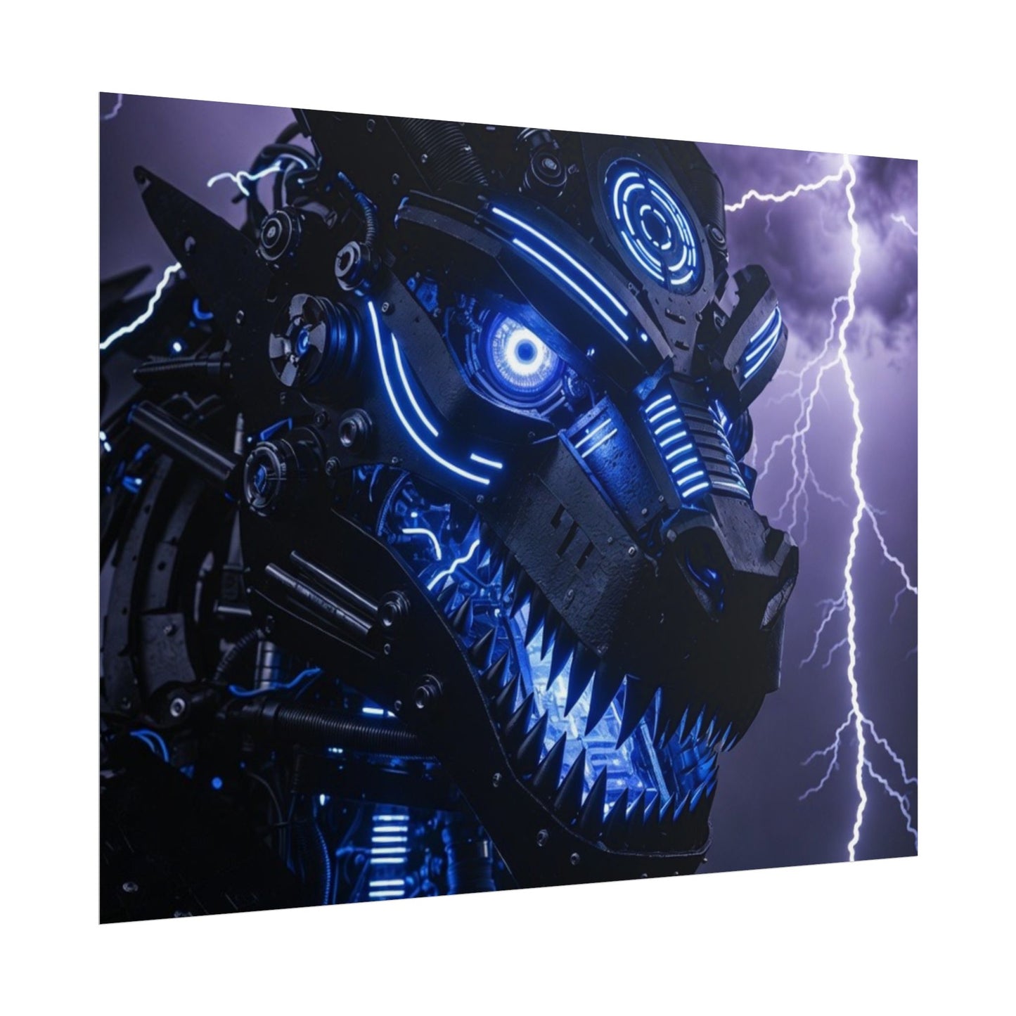 CyberDragon Storm Poster — Futuristic Mech Wolf Art Print (Rolled Poster)