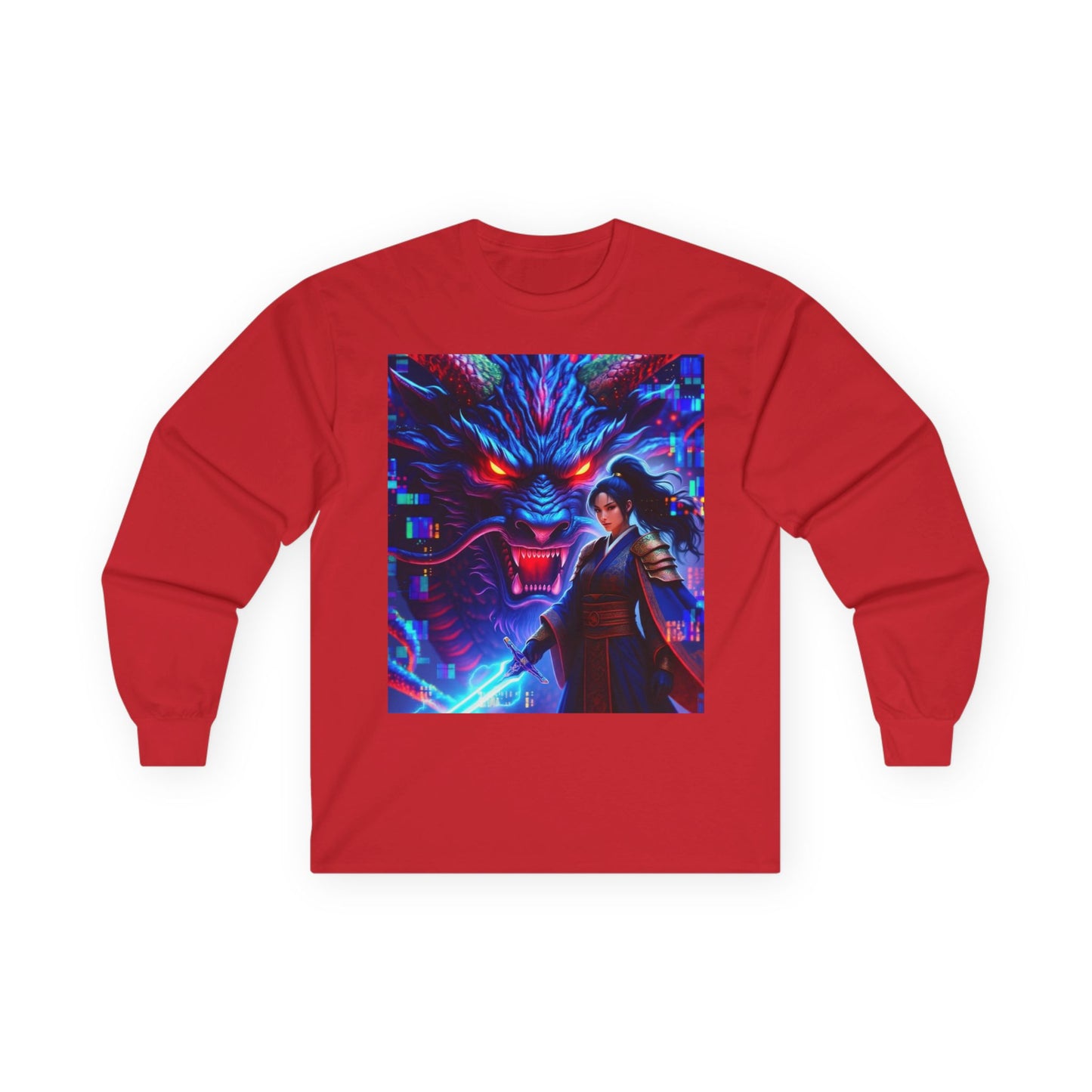 Long Sleeve Tee — Neon Samurai Wolf Art Graphic Shirt