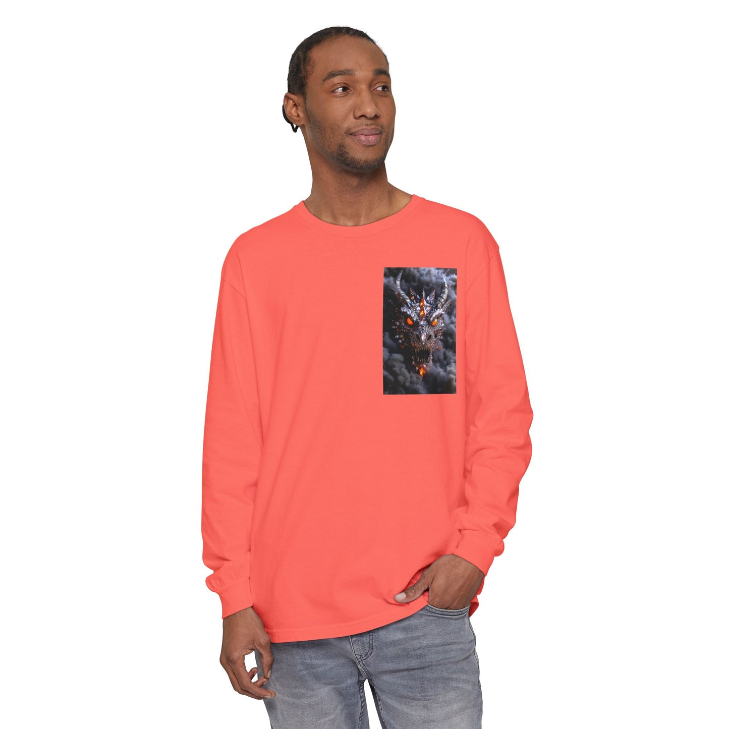 Long Sleeve T‑Shirt — Smoky Dragon Chest Print, Spooky Autumn Graphic