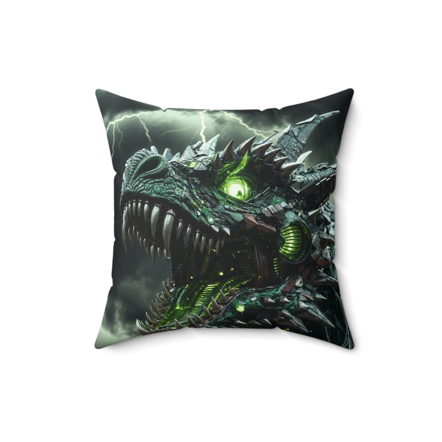 Dragon Skull Decorative Pillow — Green Cyber-Dragon Graphic Throw Pillow