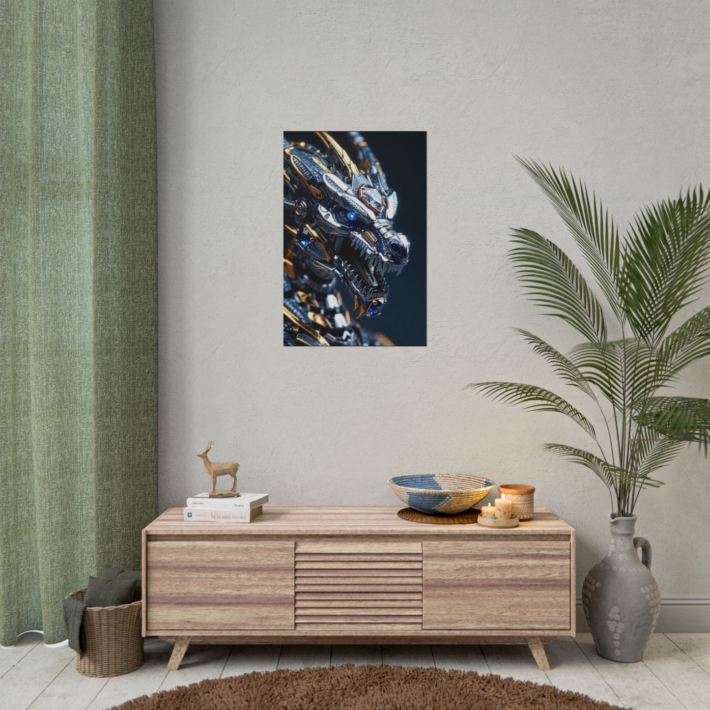 Mechanical Dragon Poster — Futuristic Gold & Blue Sci‑Fi Wall Art