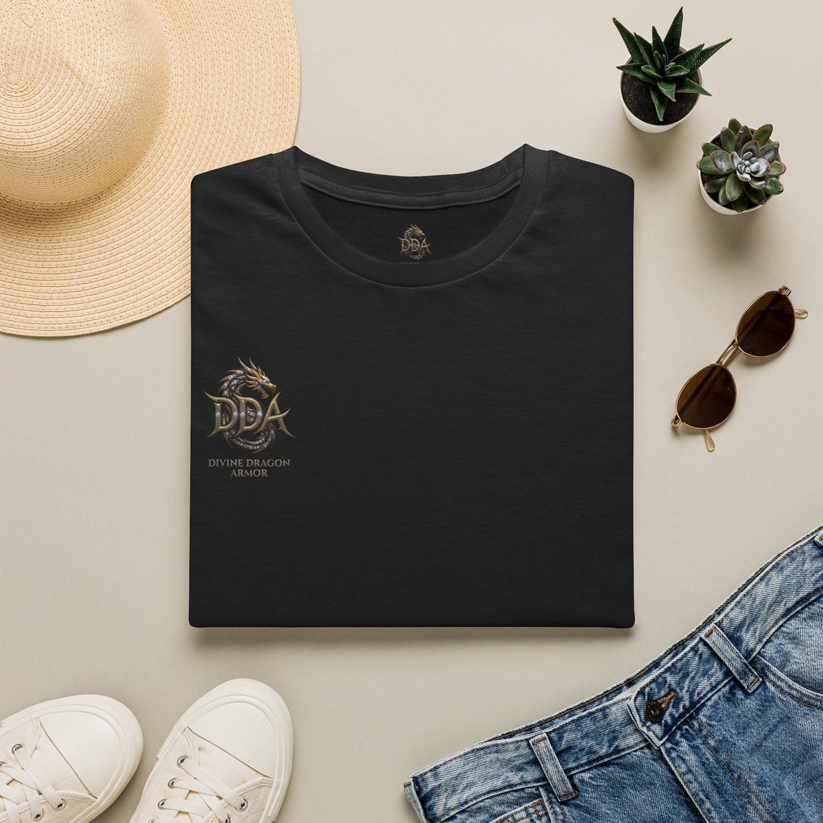 DDA DIVINE DRAGON ARMOR T-Shirt — Golden Dragon Emblem Chest Logo, Fantasy Gaming Fan Tee