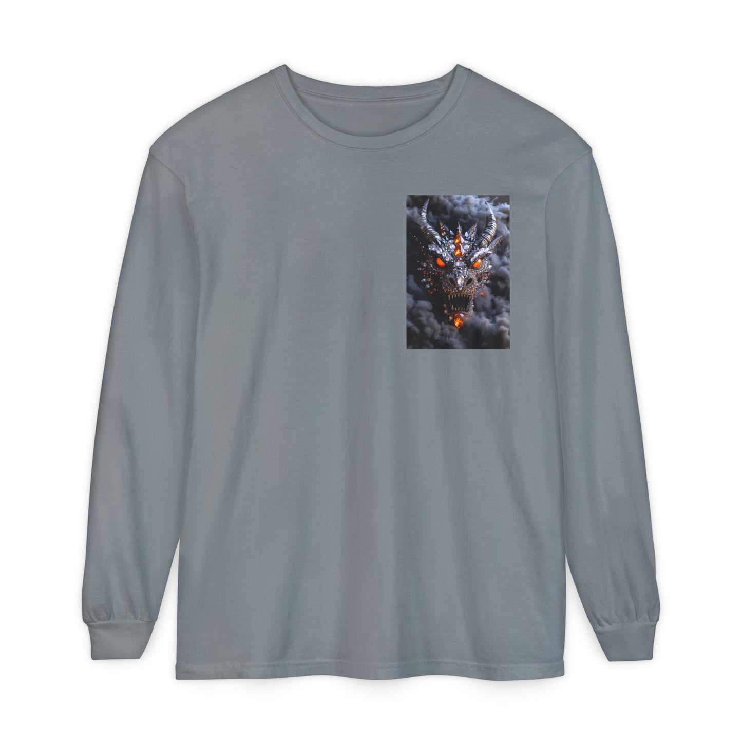 Long Sleeve T‑Shirt — Smoky Dragon Chest Print, Spooky Autumn Graphic