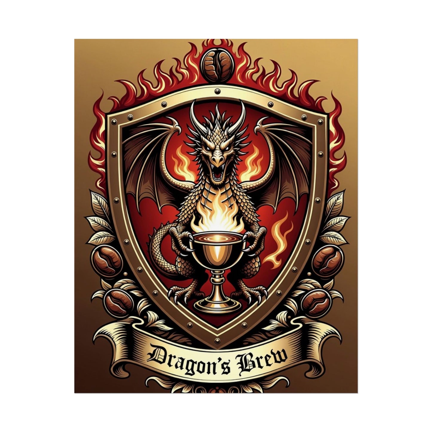 Dragon's Brew Poster — Fantasy Dragon Shield Artwork Rolled Poster