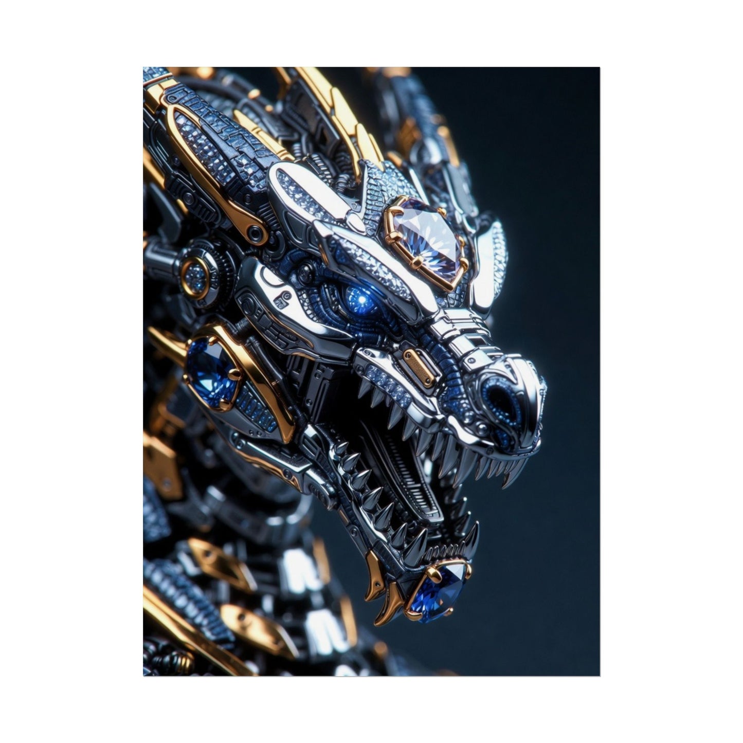 Mechanical Dragon Poster — Futuristic Gold & Blue Sci‑Fi Wall Art