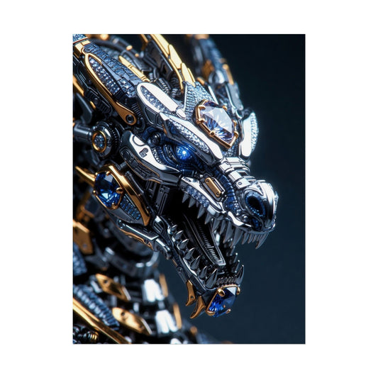 Mechanical Dragon Poster — Futuristic Gold & Blue Sci‑Fi Wall Art