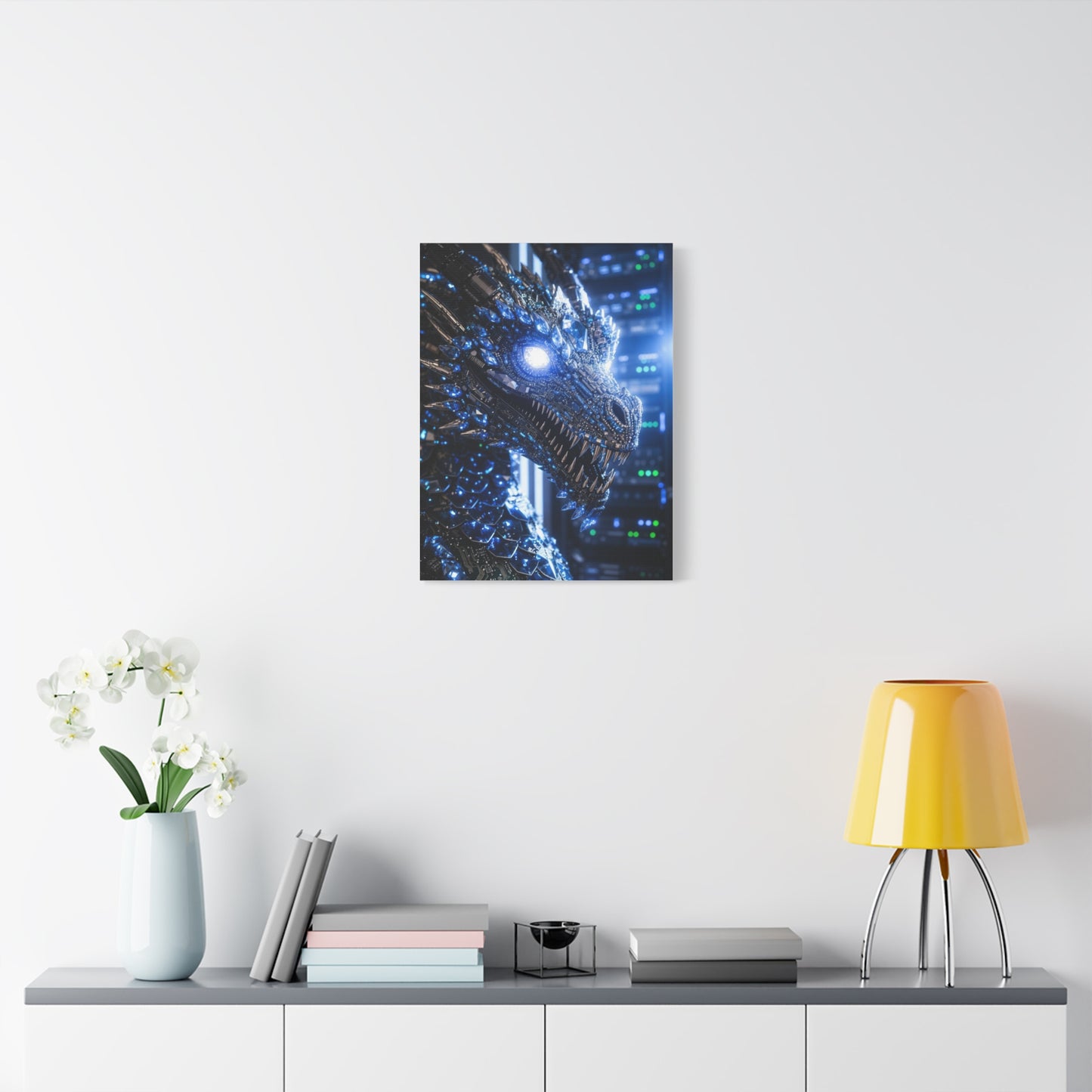 Cyber Dragon Canvas Print — Futuristic Metallic Dragon Wall Art