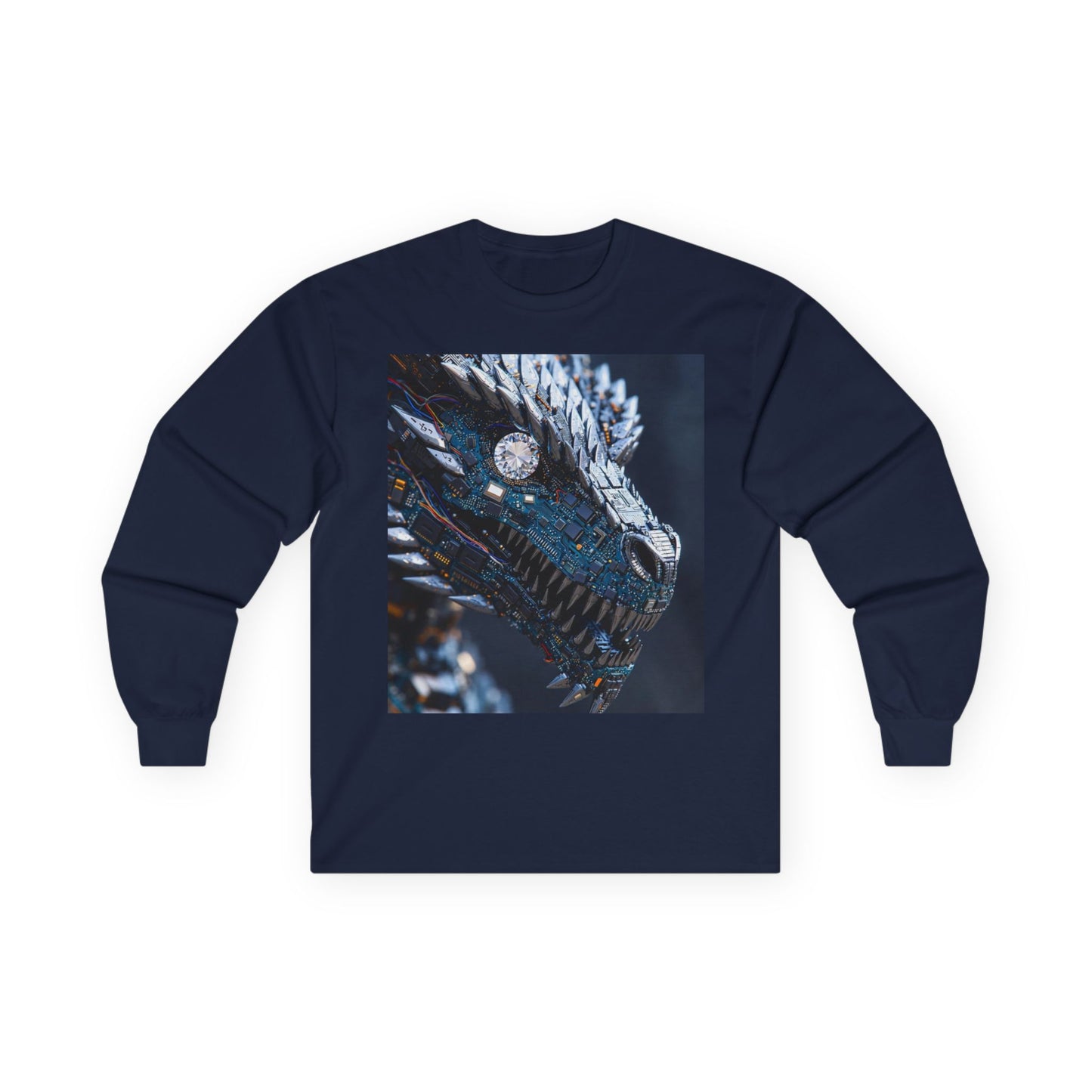 Dragon Head Graphic Long Sleeve Tee — Metallic Fantasy Artwork