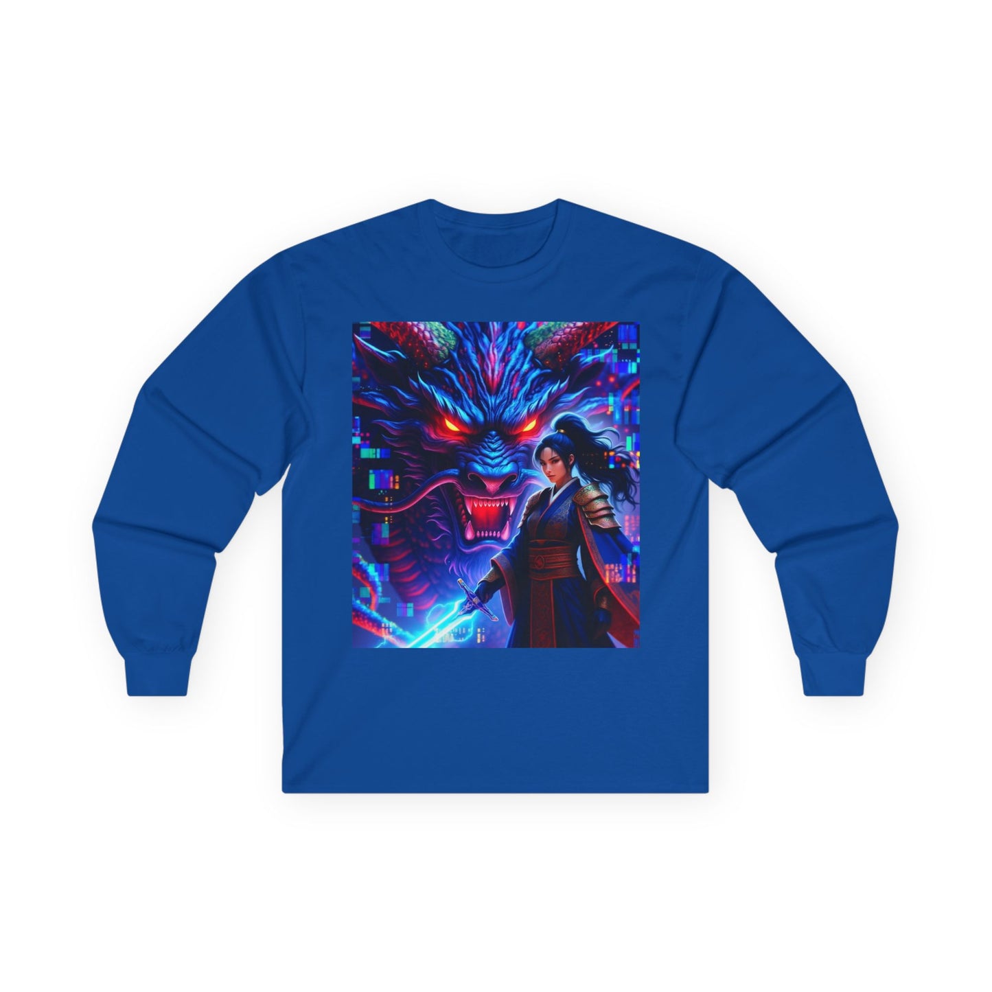 Long Sleeve Tee — Neon Samurai Wolf Art Graphic Shirt