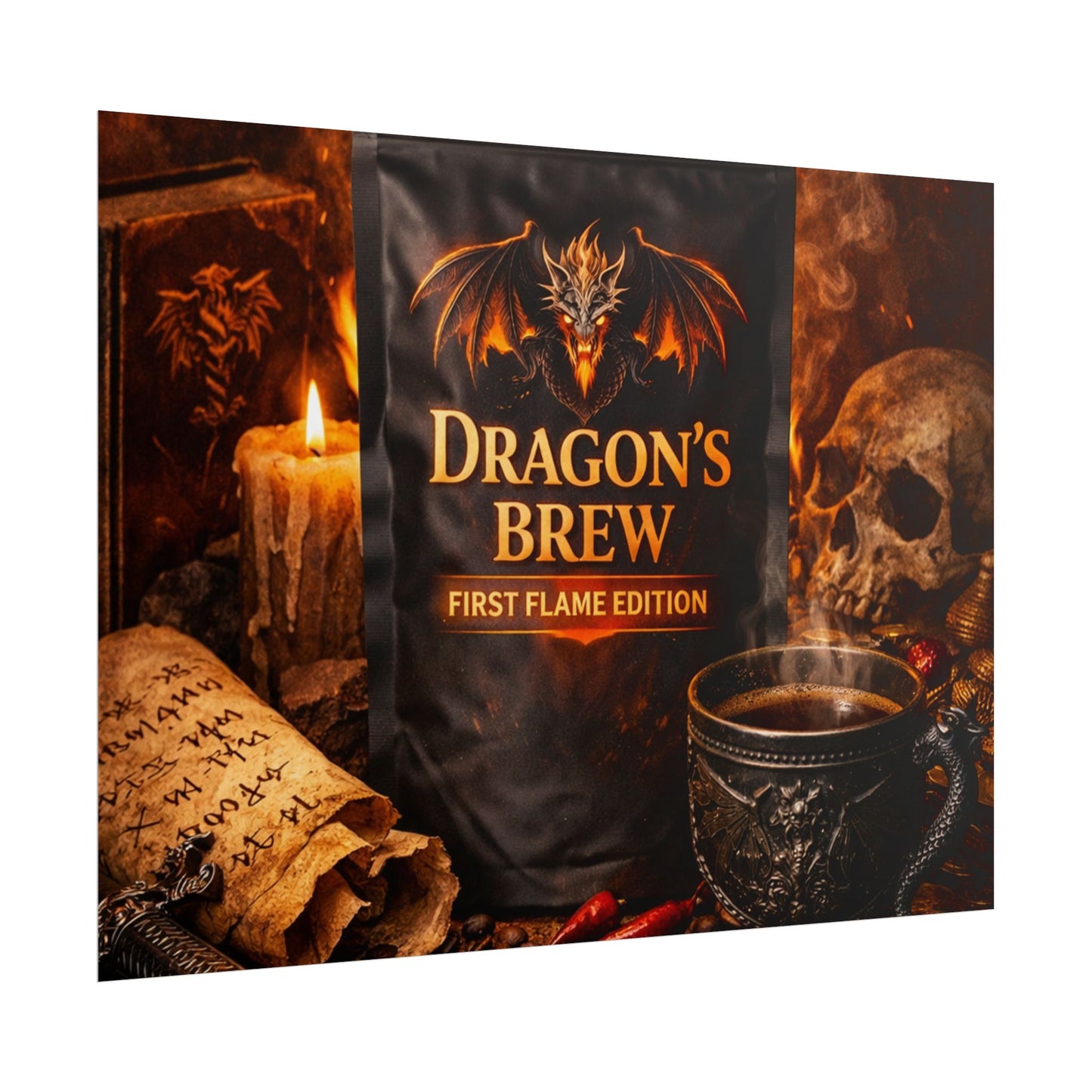 Rolled Poster — "Dragon's Brew: First Flame Edition" Fantasy Coffee Art Print