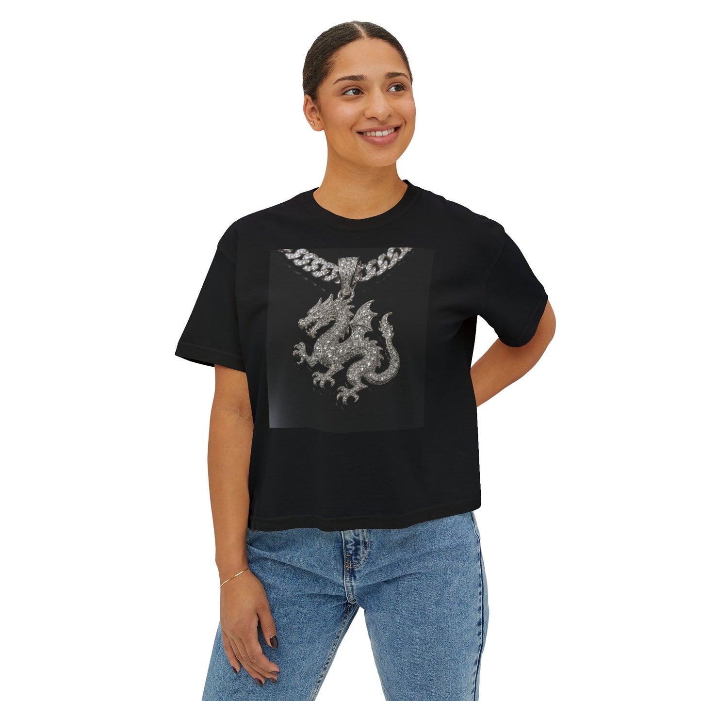 A Divine Diamond Dragon Pendant Graphic Women's Boxy Tee, Casual T-Shirt, Trendy Fashion, Streetwear Style, Unique Gift for Her, Everyday Wear