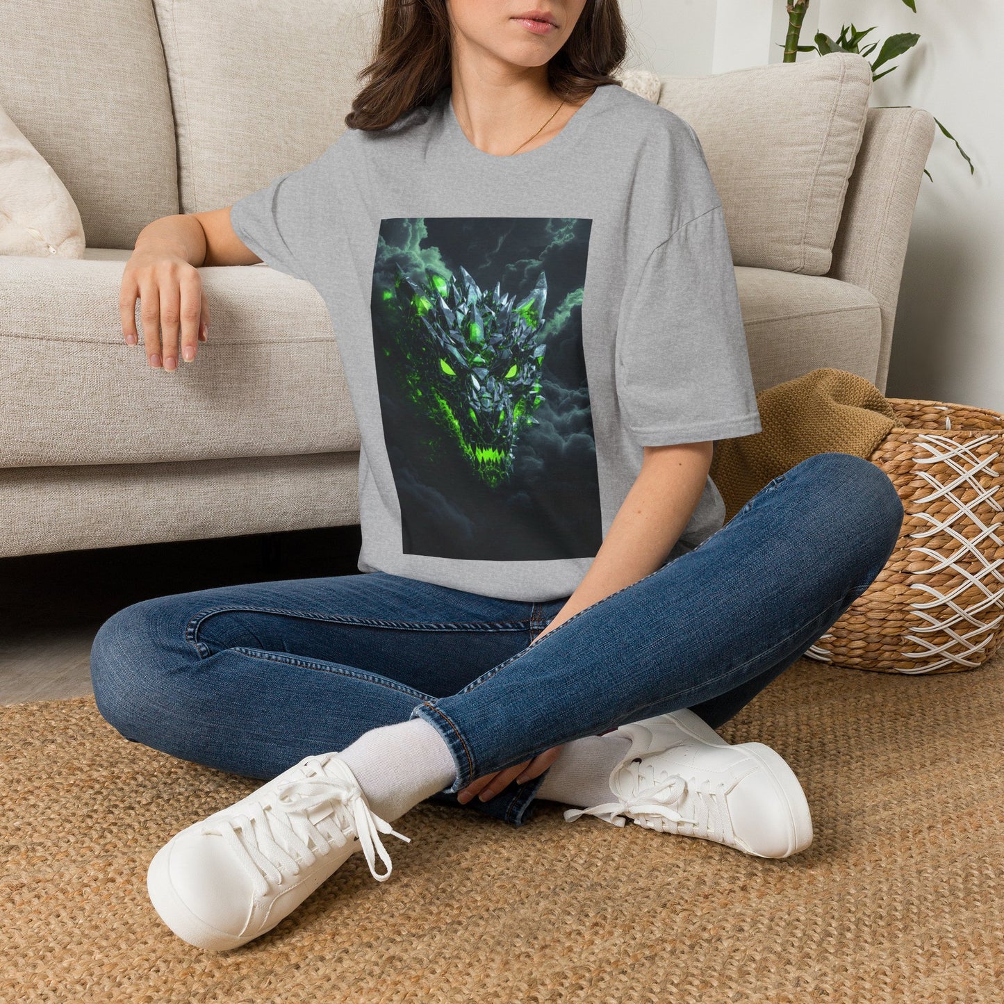 Dragon Skull T‑Shirt — Neon Green Crystal Wyvern Graphic Tee
