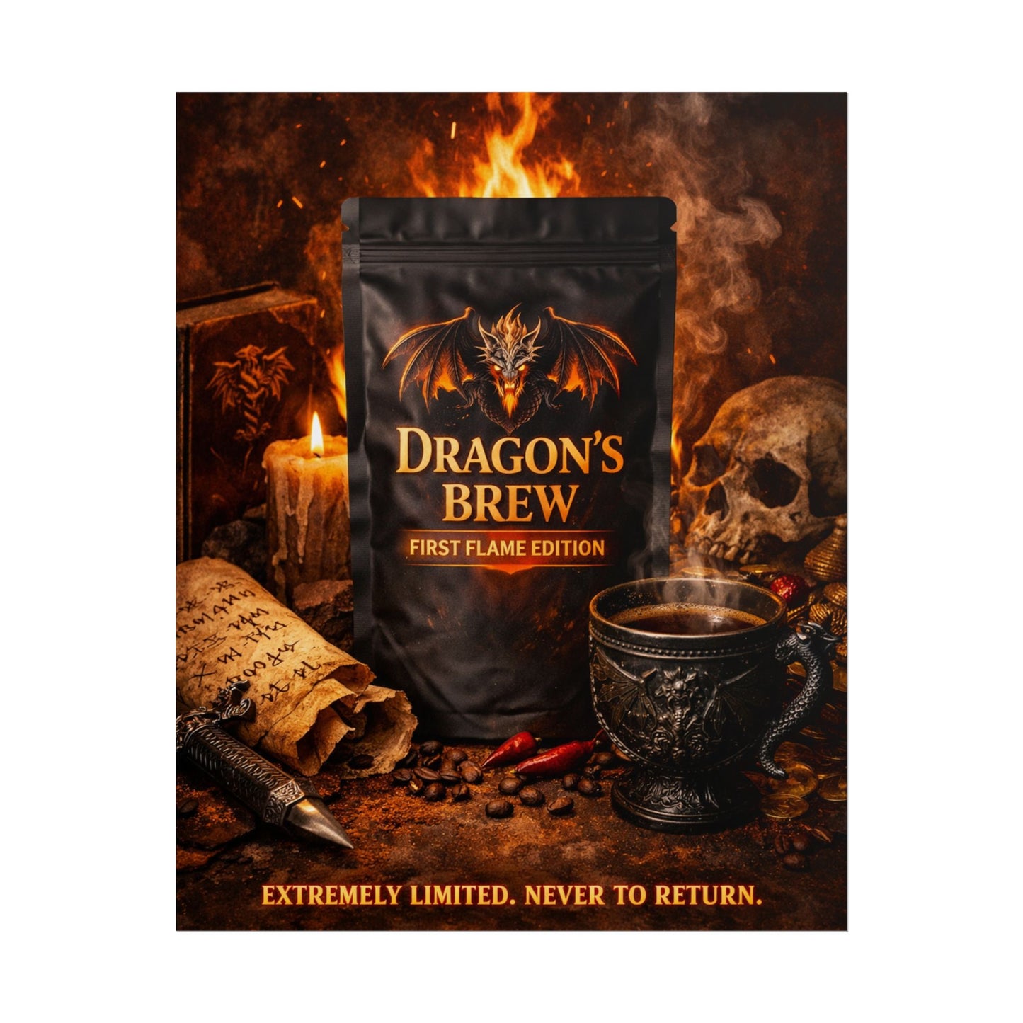 Rolled Poster — "Dragon's Brew: First Flame Edition" Fantasy Coffee Art Print