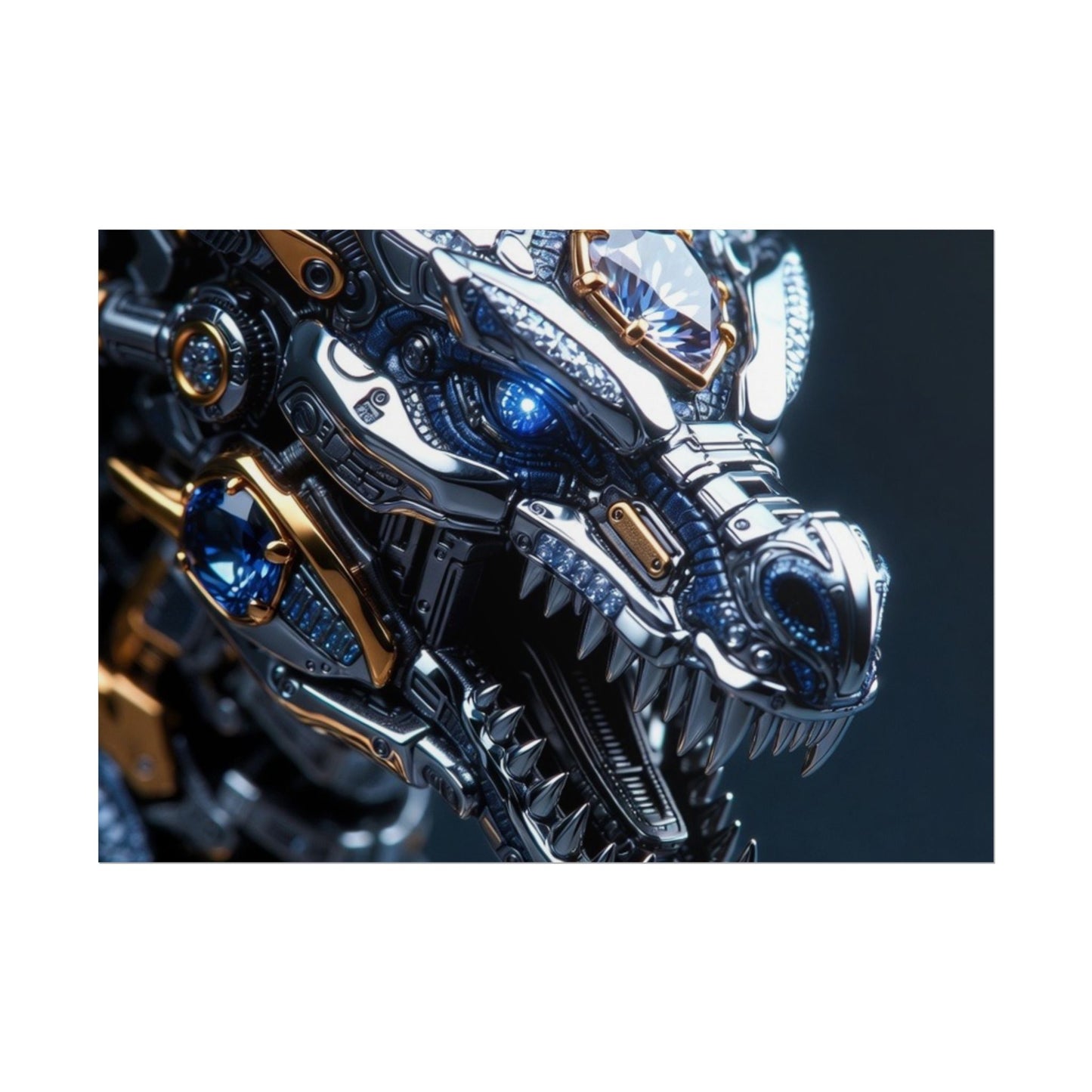 Mechanical Dragon Poster — Futuristic Gold & Blue Sci‑Fi Wall Art