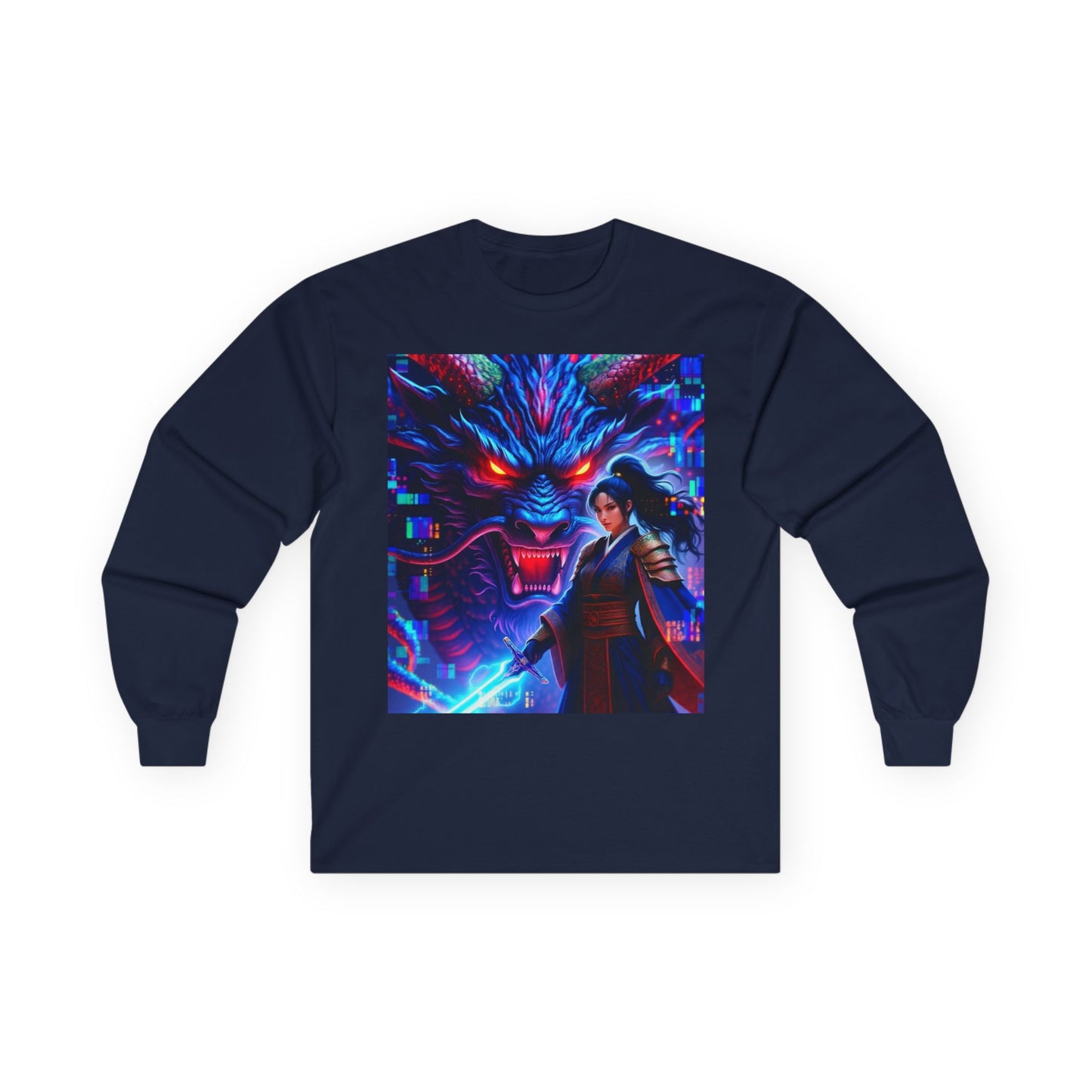 Long Sleeve Tee — Neon Samurai Wolf Art Graphic Shirt