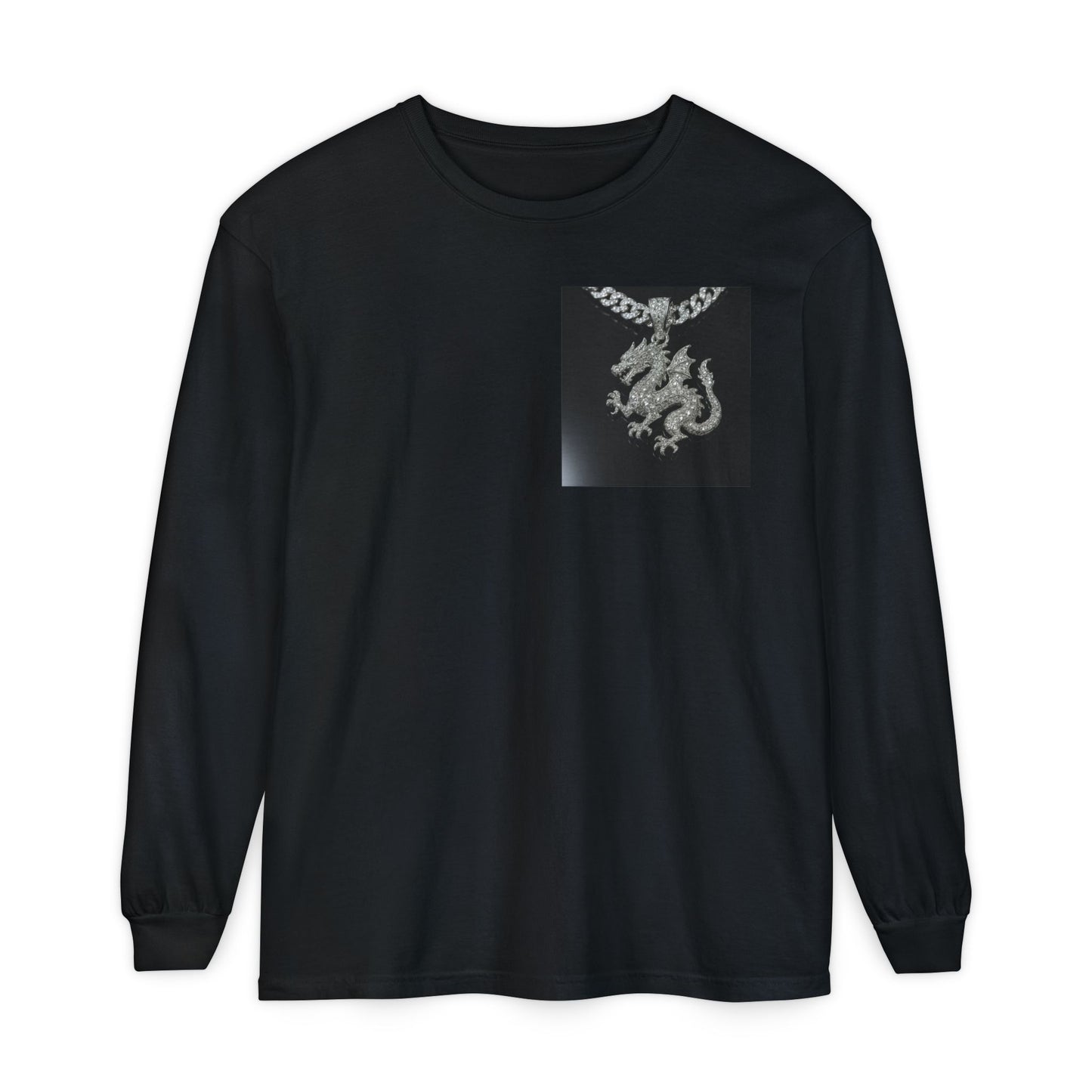 Dragon Pendant Long Sleeve T‑Shirt — Gothic Silver Chain Graphic