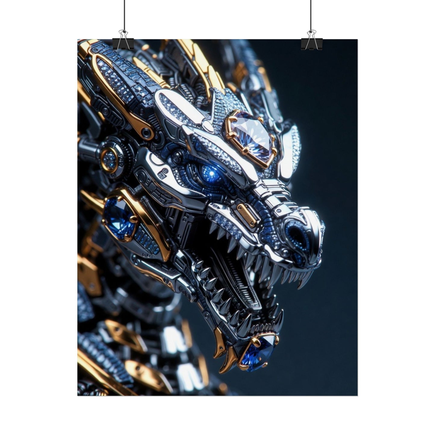 Mechanical Dragon Poster — Futuristic Gold & Blue Sci‑Fi Wall Art
