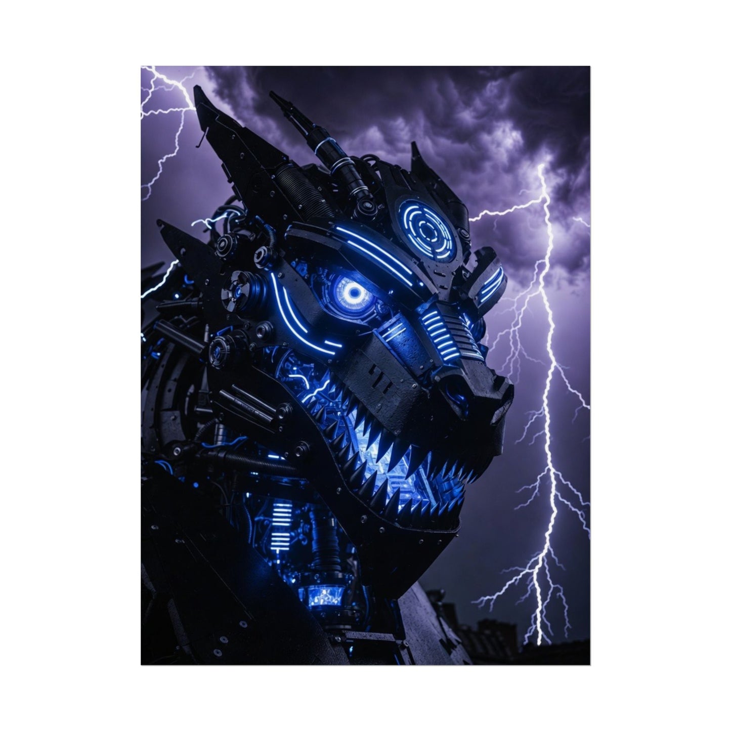 CyberDragon Storm Poster — Futuristic Mech Wolf Art Print (Rolled Poster)