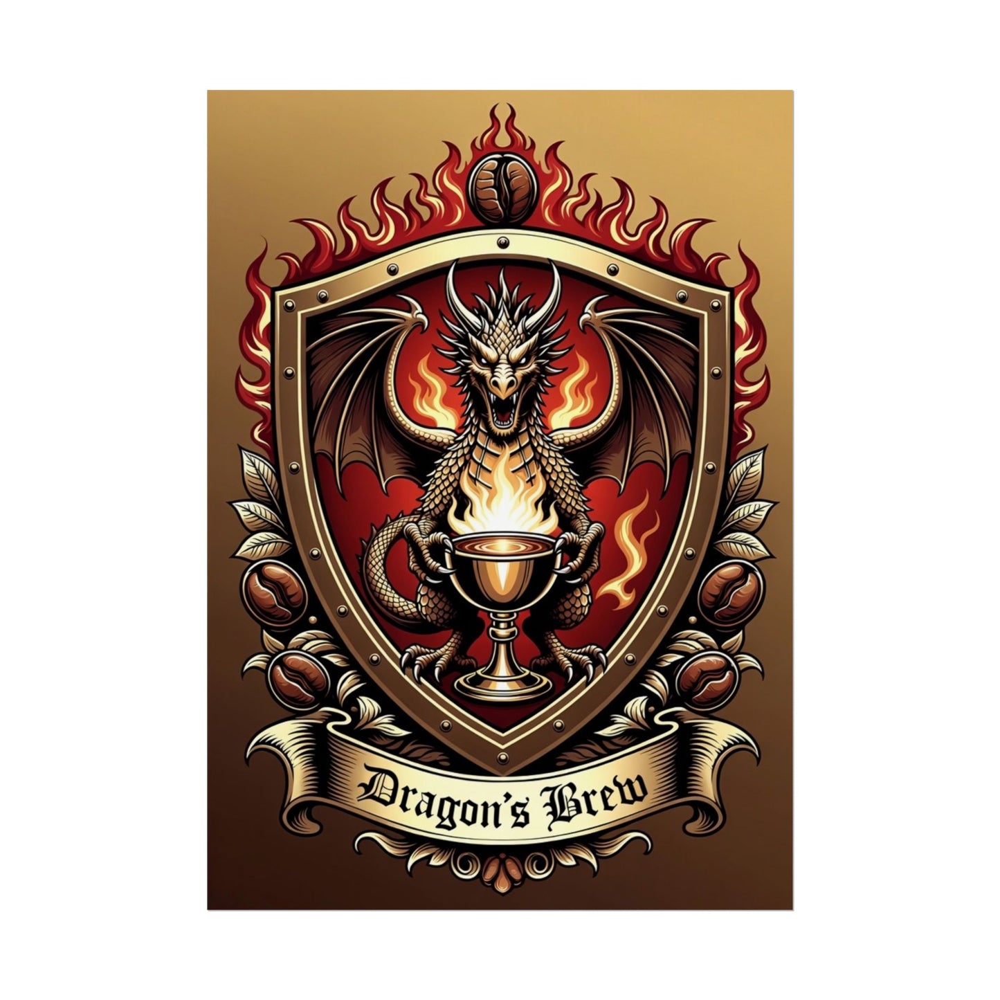 Dragon's Brew Poster — Fantasy Dragon Shield Artwork Rolled Poster