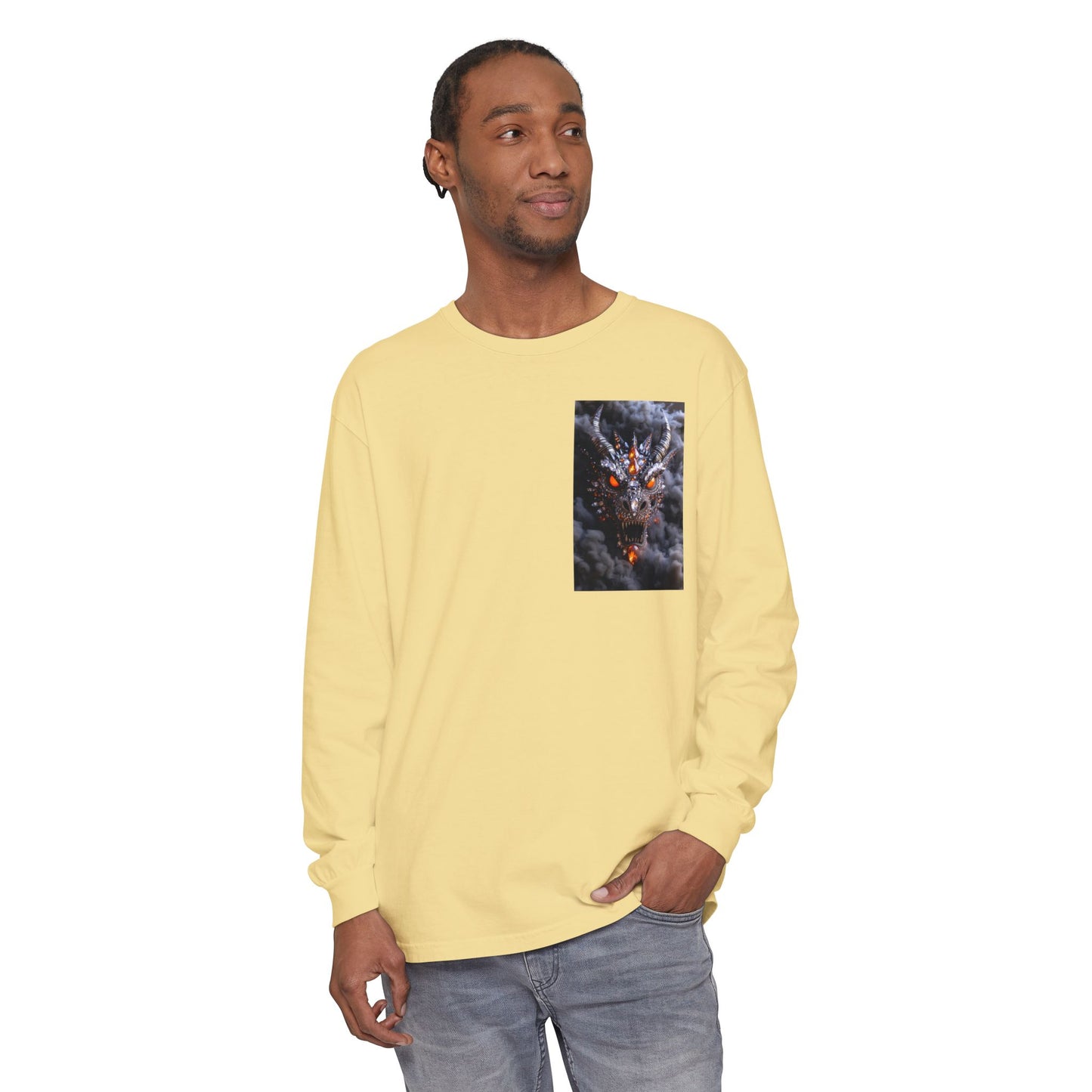 Long Sleeve T‑Shirt — Smoky Dragon Chest Print, Spooky Autumn Graphic