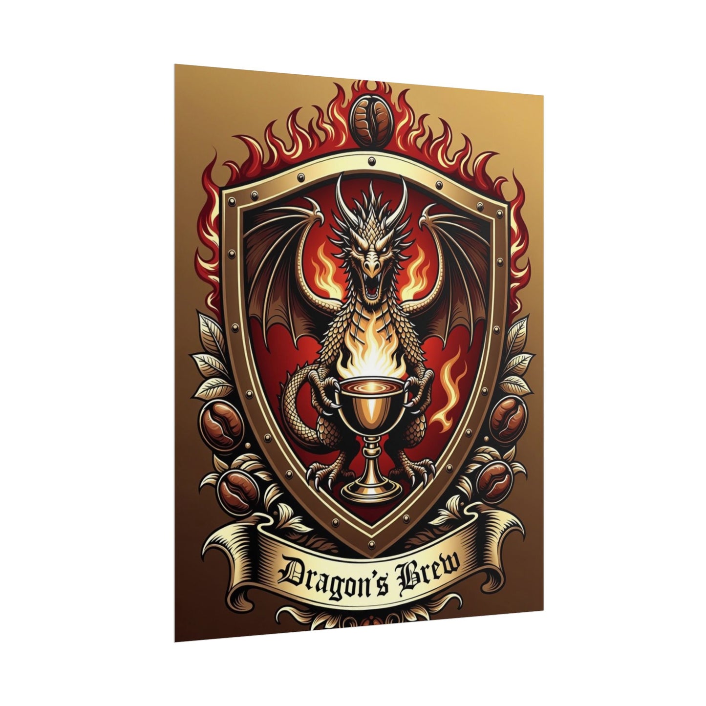 Dragon's Brew Poster — Fantasy Dragon Shield Artwork Rolled Poster