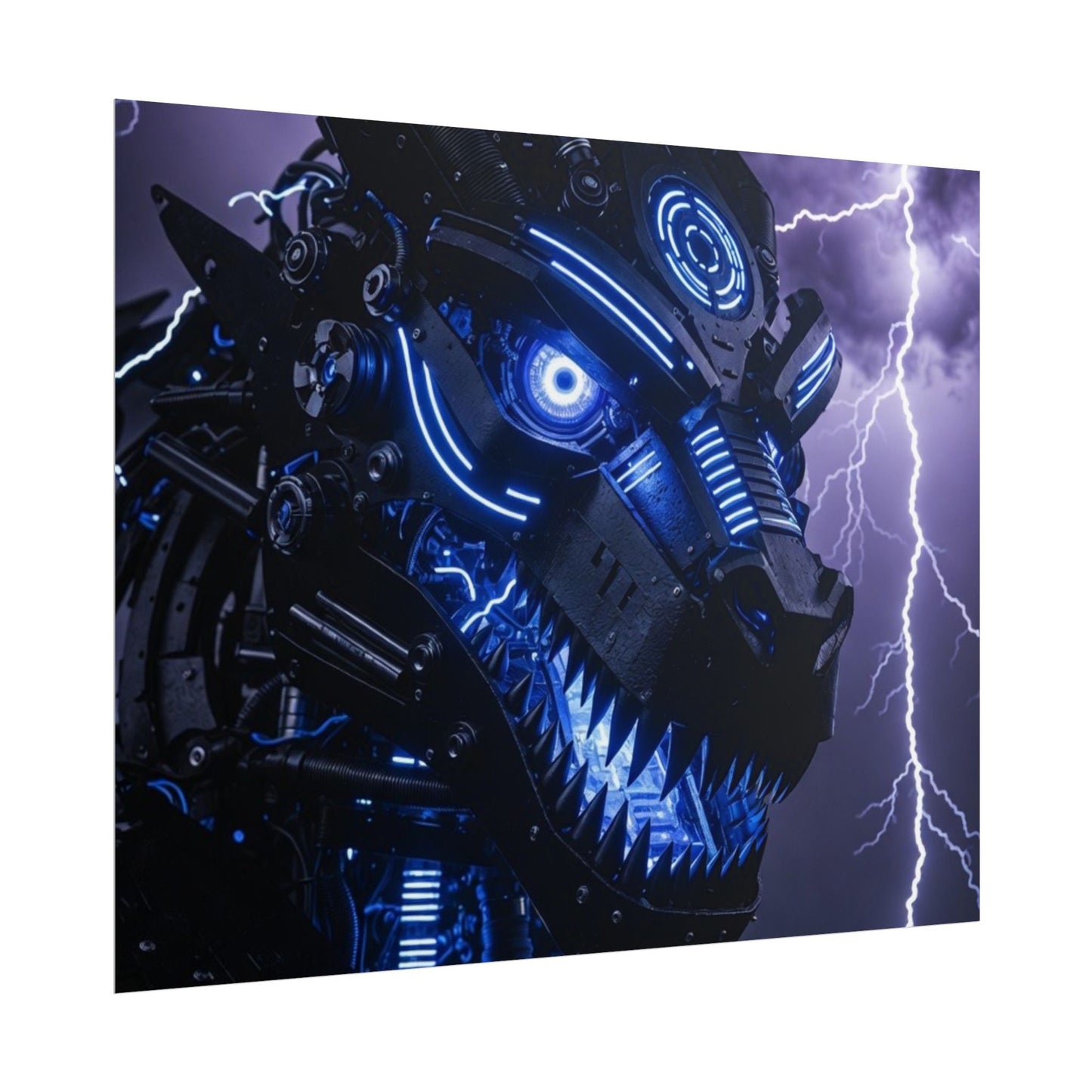 CyberDragon Storm Poster — Futuristic Mech Wolf Art Print (Rolled Poster)
