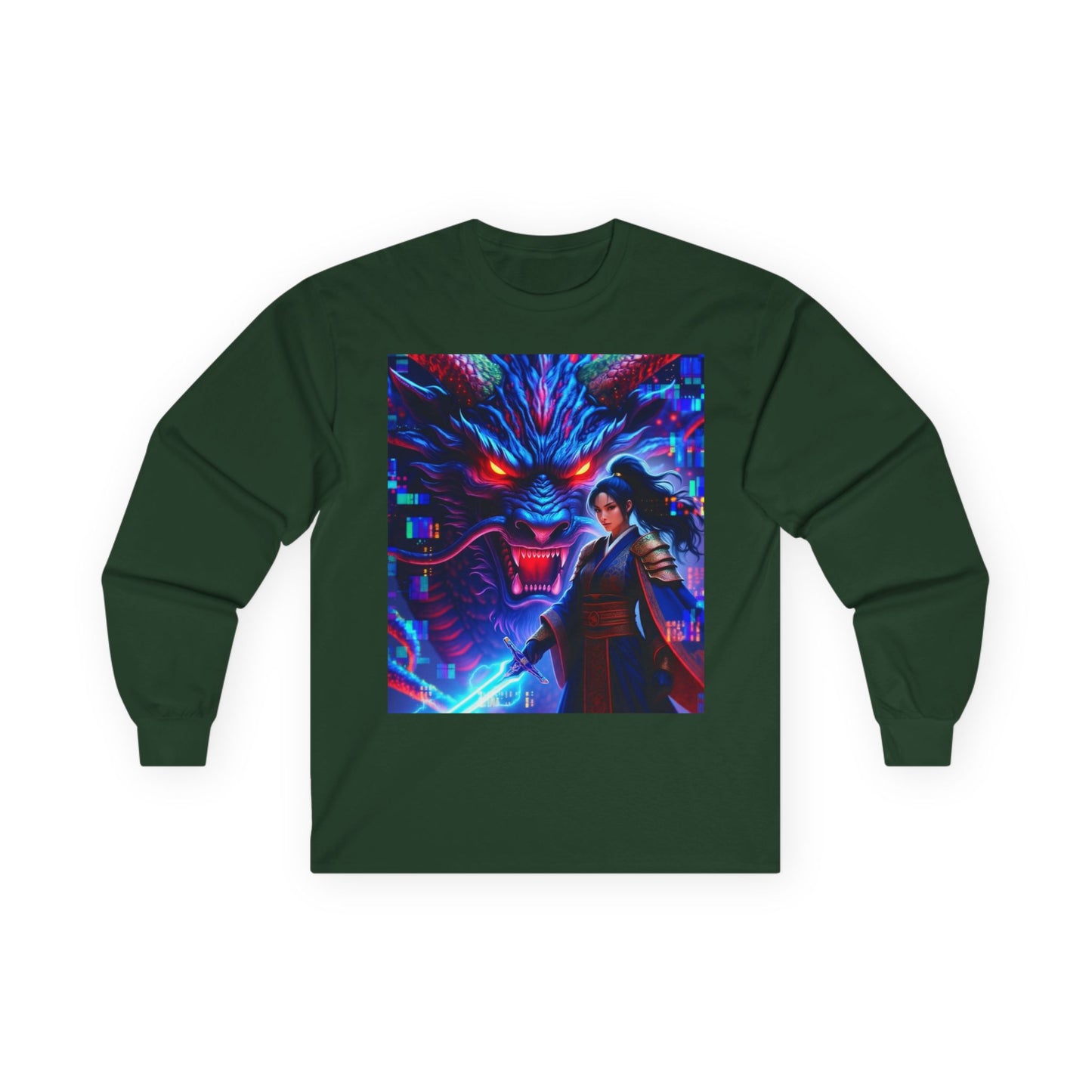 Long Sleeve Tee — Neon Samurai Wolf Art Graphic Shirt
