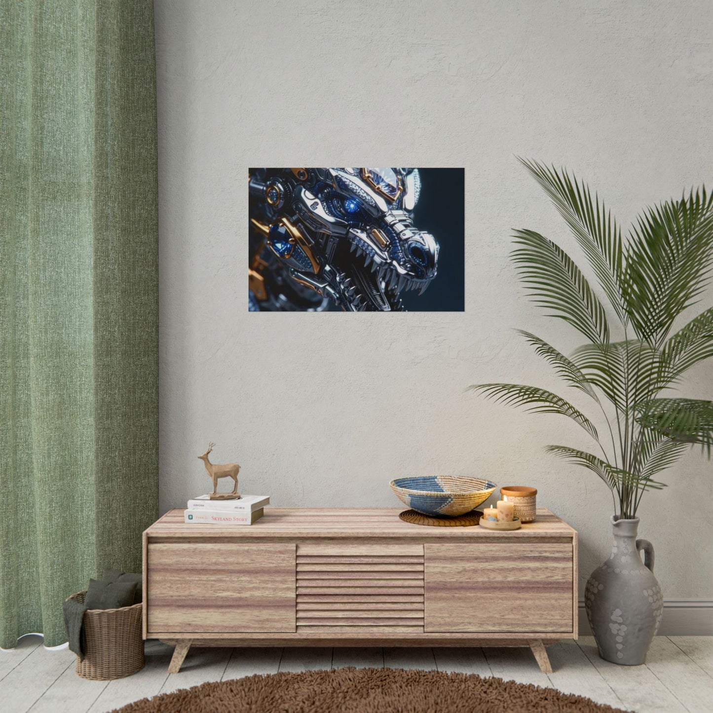 Mechanical Dragon Poster — Futuristic Gold & Blue Sci‑Fi Wall Art
