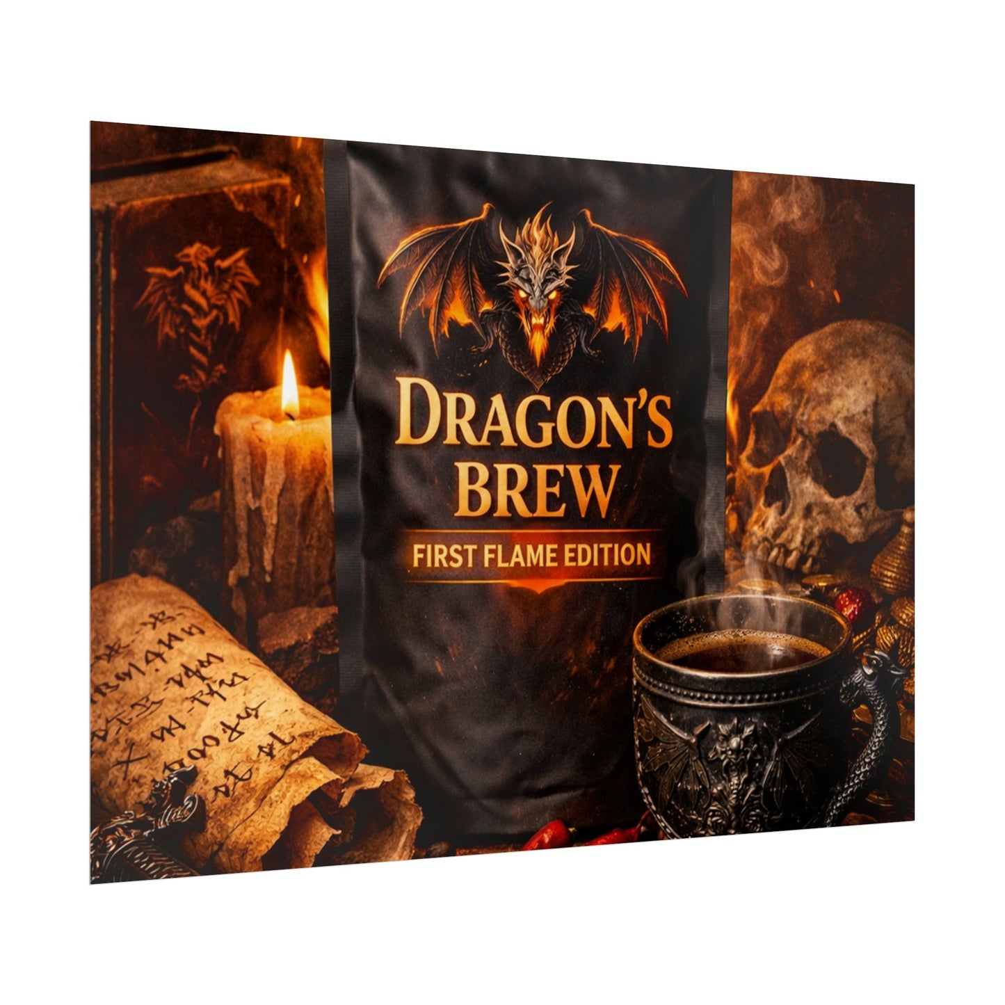 Rolled Poster — "Dragon's Brew: First Flame Edition" Fantasy Coffee Art Print