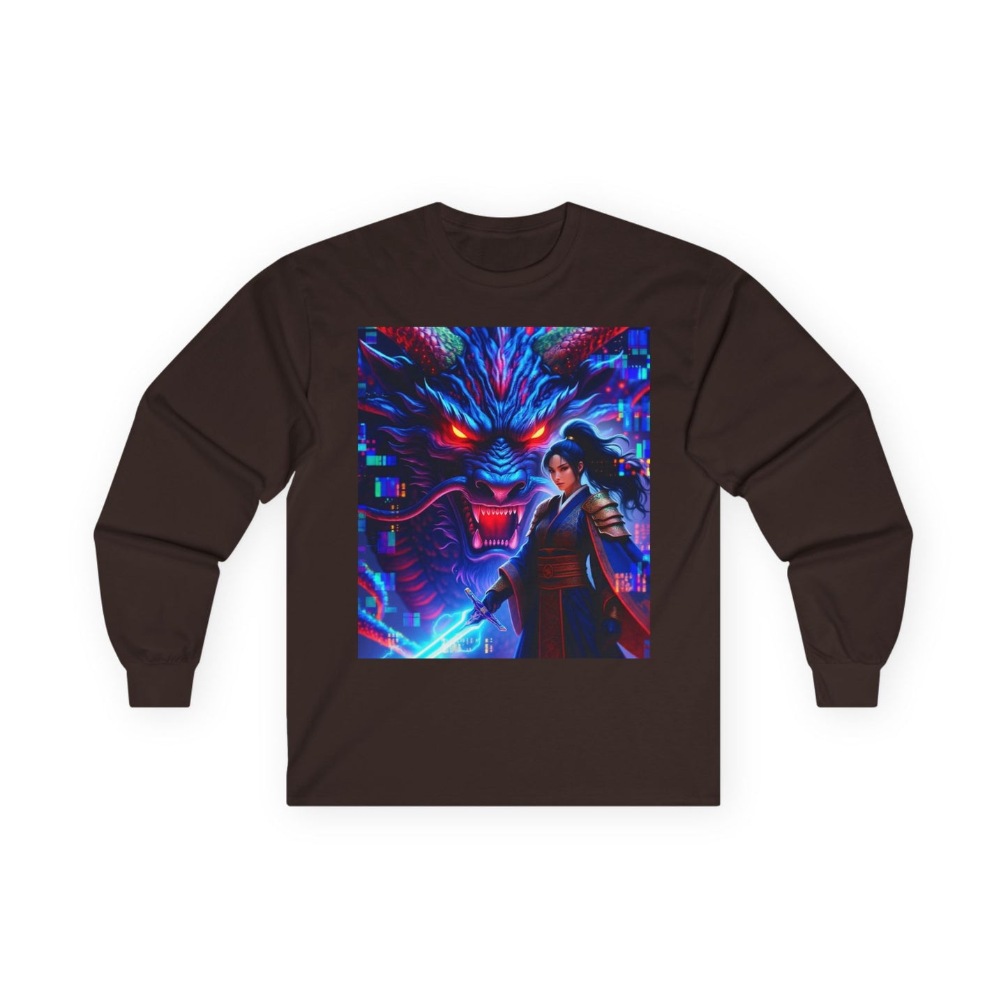 Long Sleeve Tee — Neon Samurai Wolf Art Graphic Shirt