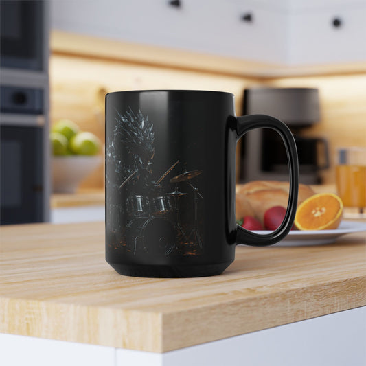 Metallic Drummer Black Mug, Unique Coffee Cup for Musicians, Rock Music Lover Gift, Fantasy Beverages Mug, Cool Drum Set Teacup