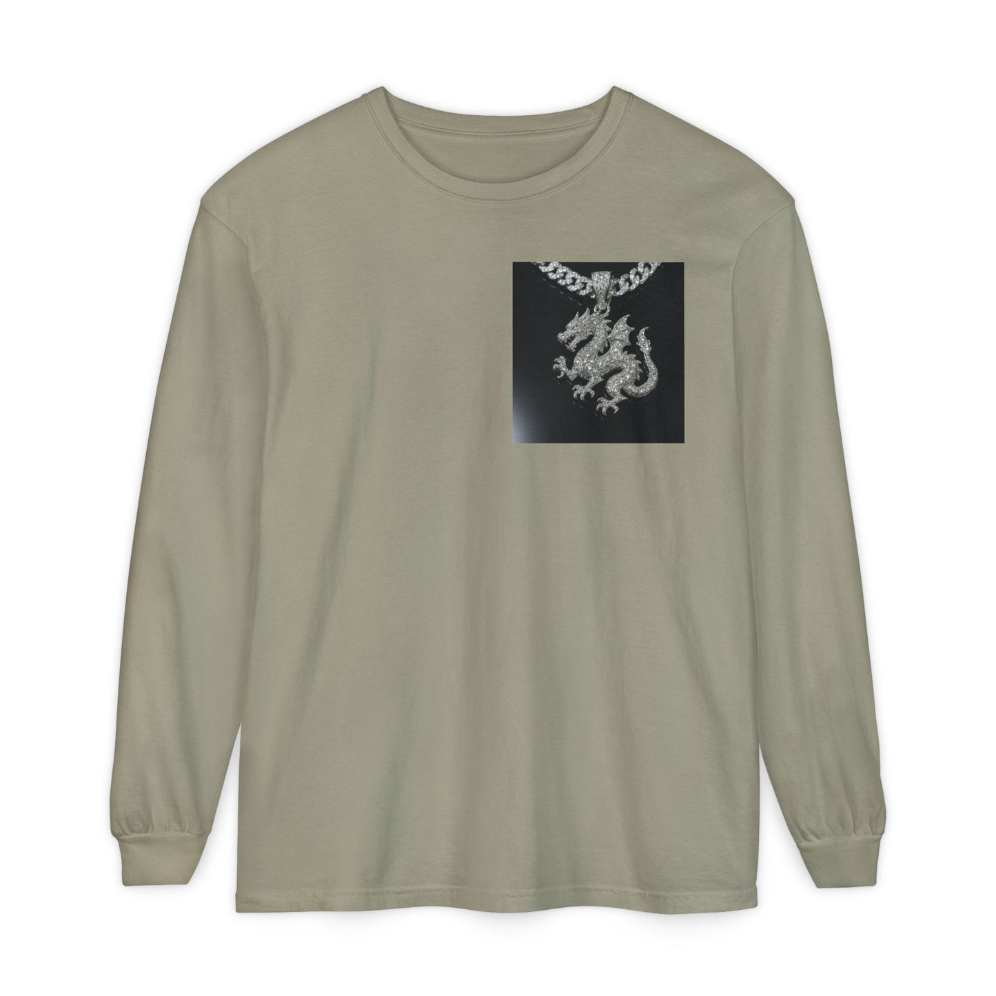 Dragon Pendant Long Sleeve T‑Shirt — Gothic Silver Chain Graphic