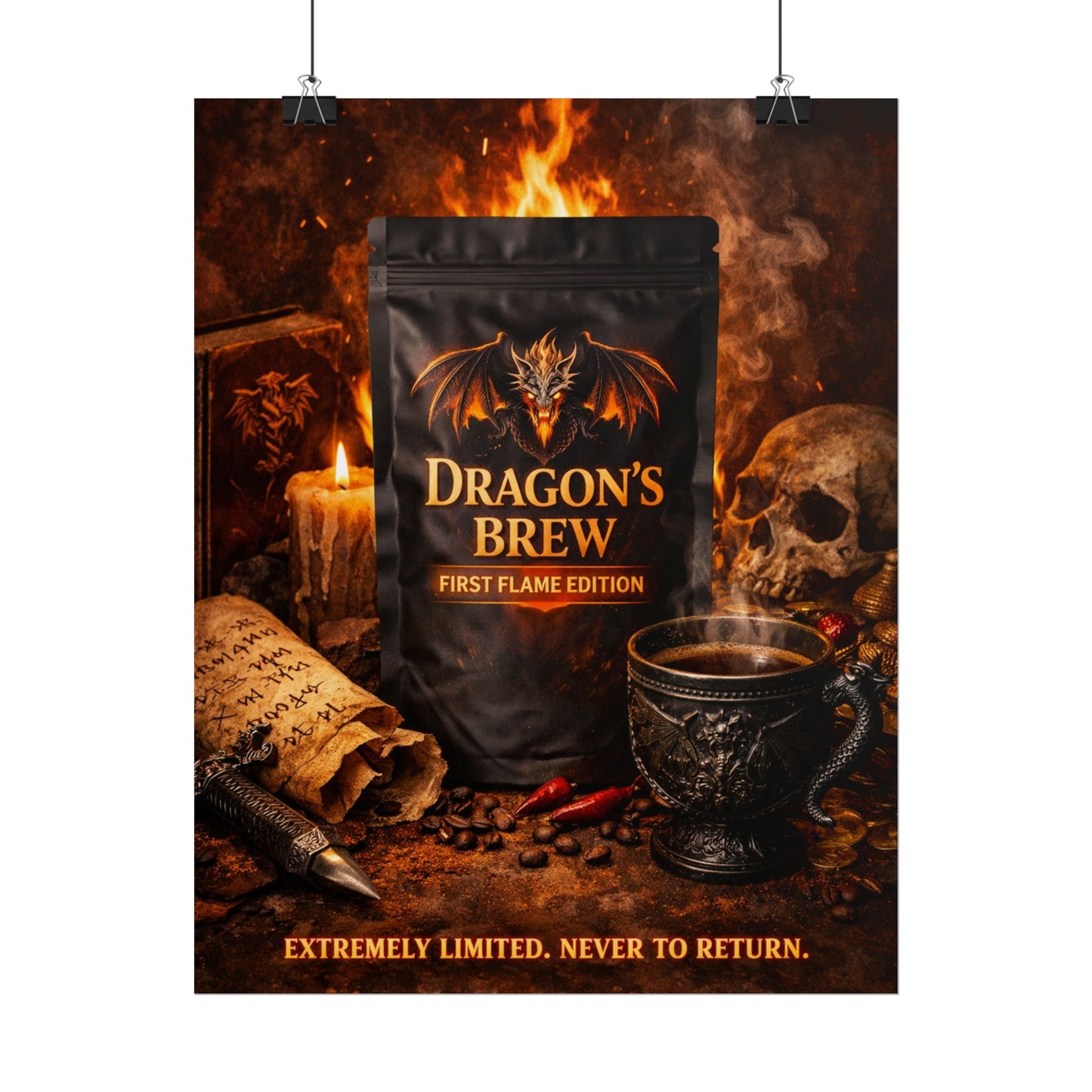 Rolled Poster — "Dragon's Brew: First Flame Edition" Fantasy Coffee Art Print