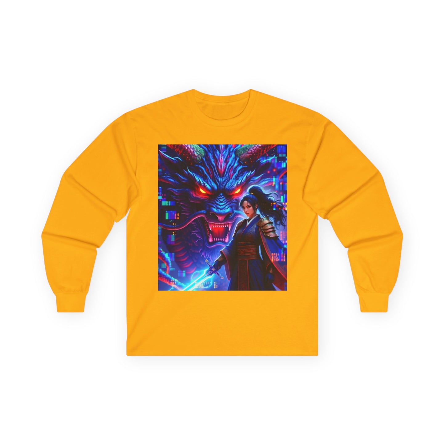 Long Sleeve Tee — Neon Samurai Wolf Art Graphic Shirt