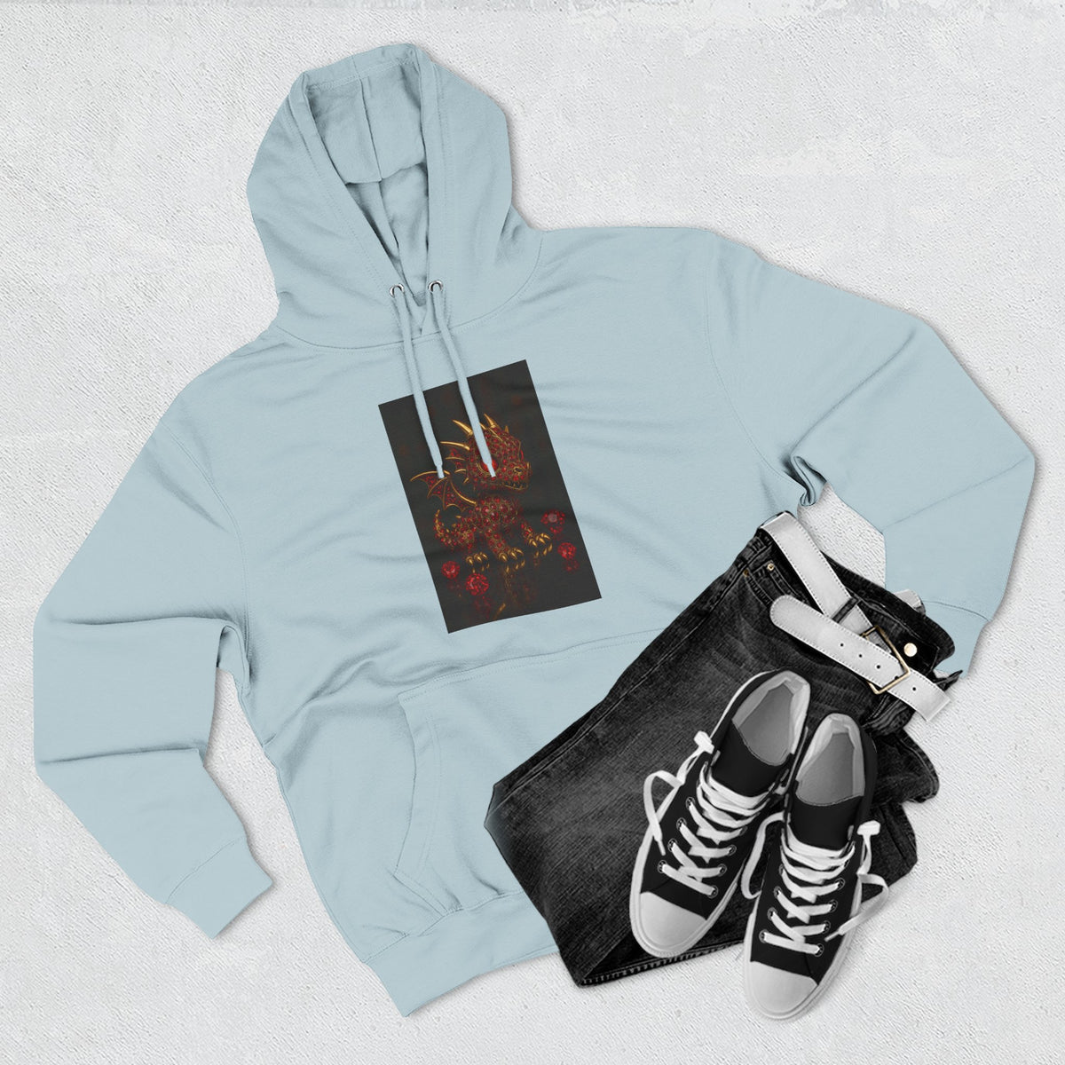 A RUBY RED Dragon Swirl Fleece Hoodie - Three-Panel Design for Fantasy Lovers